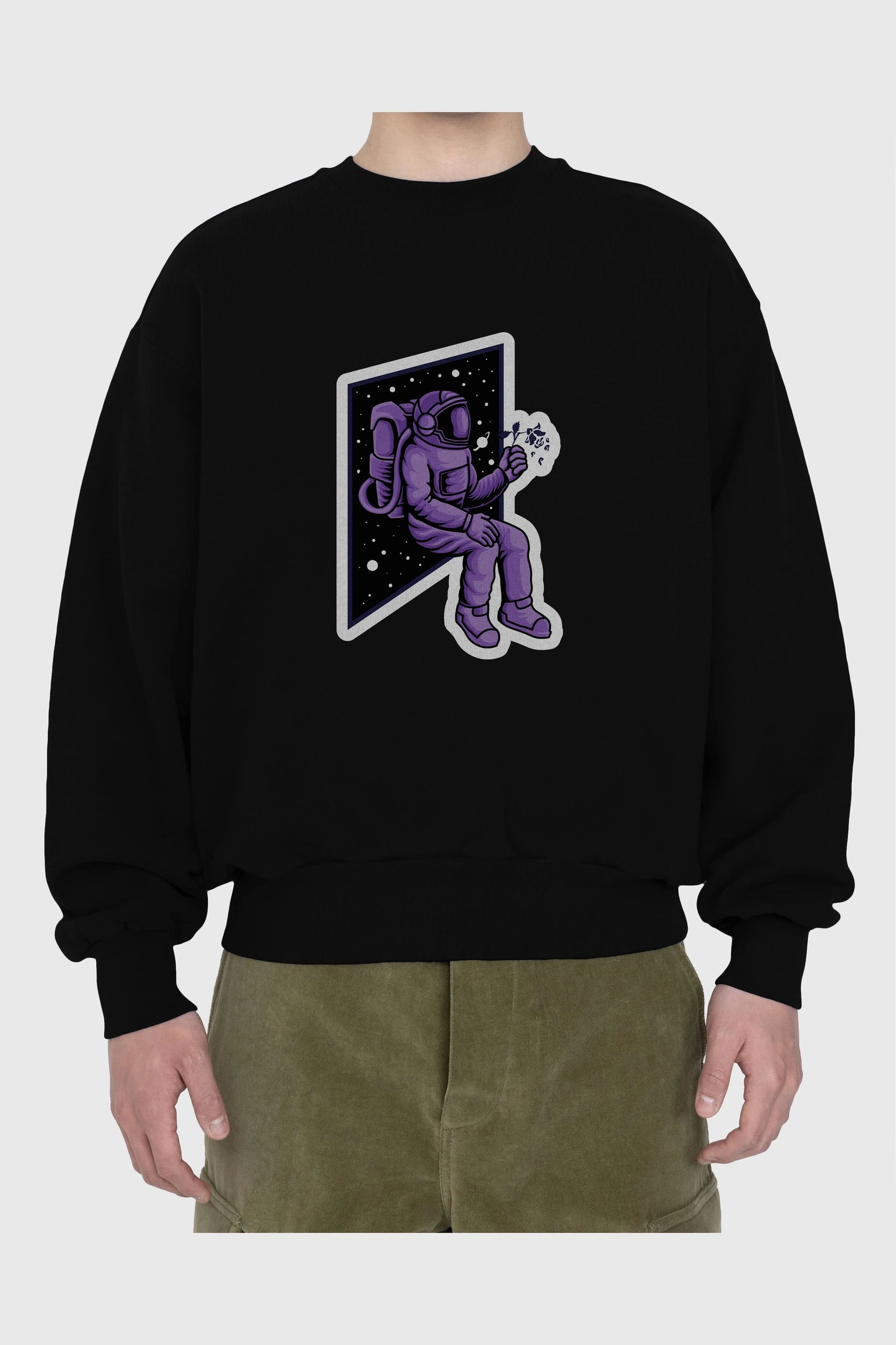 Astronaut holding black rose sticker Ön Baskılı Oversize Sweatshirt Erkek Kadın Unisex