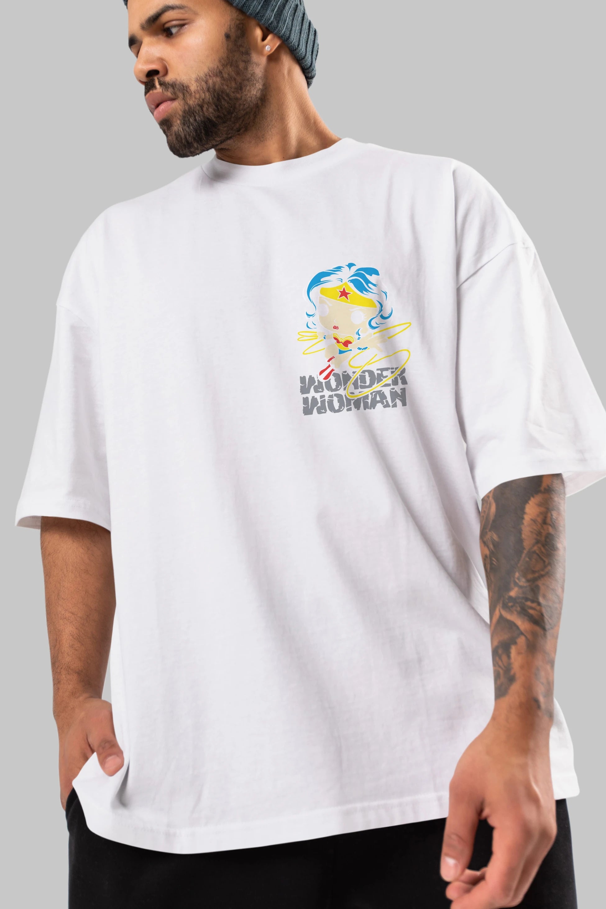 Wonder Woman Ön Sol Baskılı Oversize t-shirt Erkek Kadın Unisex %100 Pamuk Bisiklet Yaka tişort