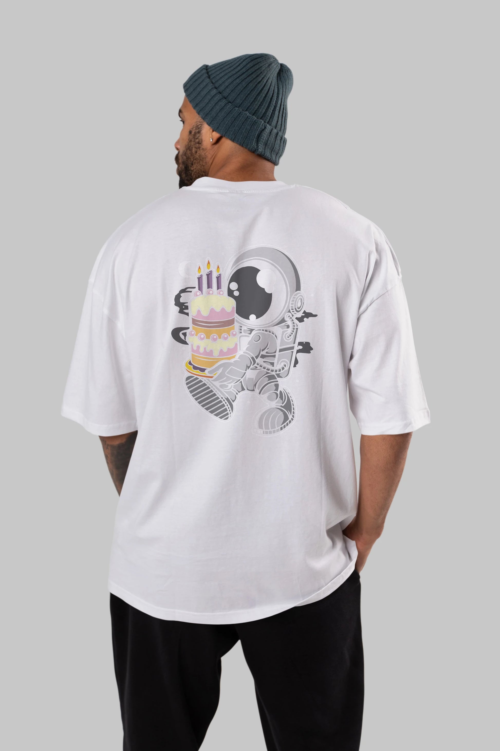 Astronaut Birthday Cake Arka Baskılı Oversize t-shirt Erkek Kadın Unisex