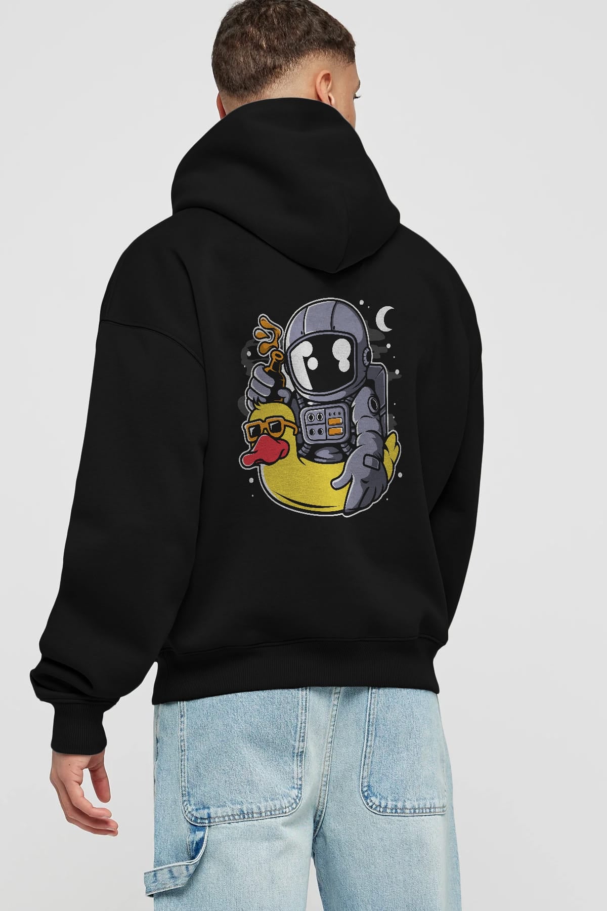Astronaut Duck Balloon Arka Baskılı Hoodie Oversize Kapüşonlu Sweatshirt Erkek Kadın Unisex