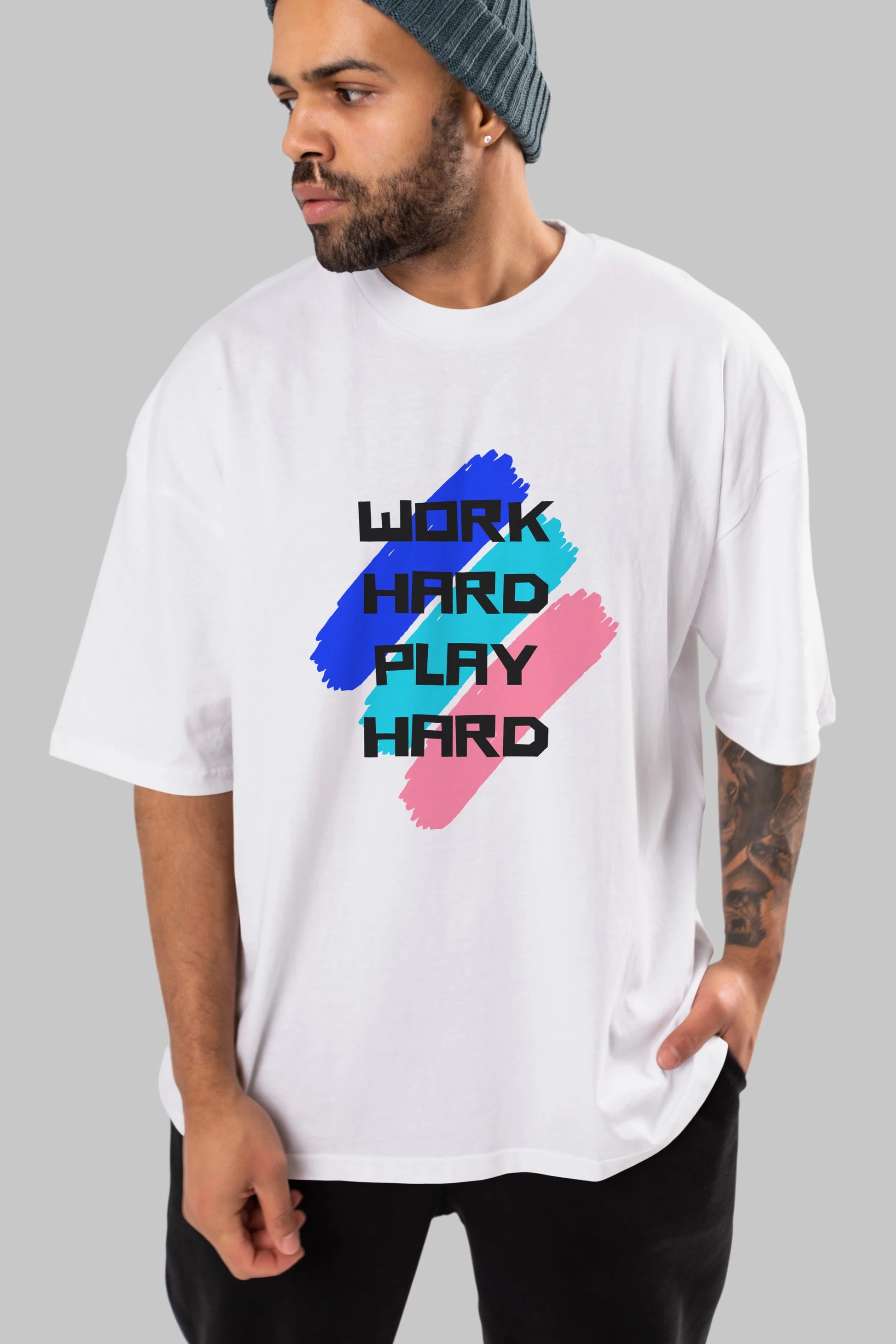 Work Hard Play Hard 2 Ön Baskılı Oversize t-shirt Erkek Kadın Unisex