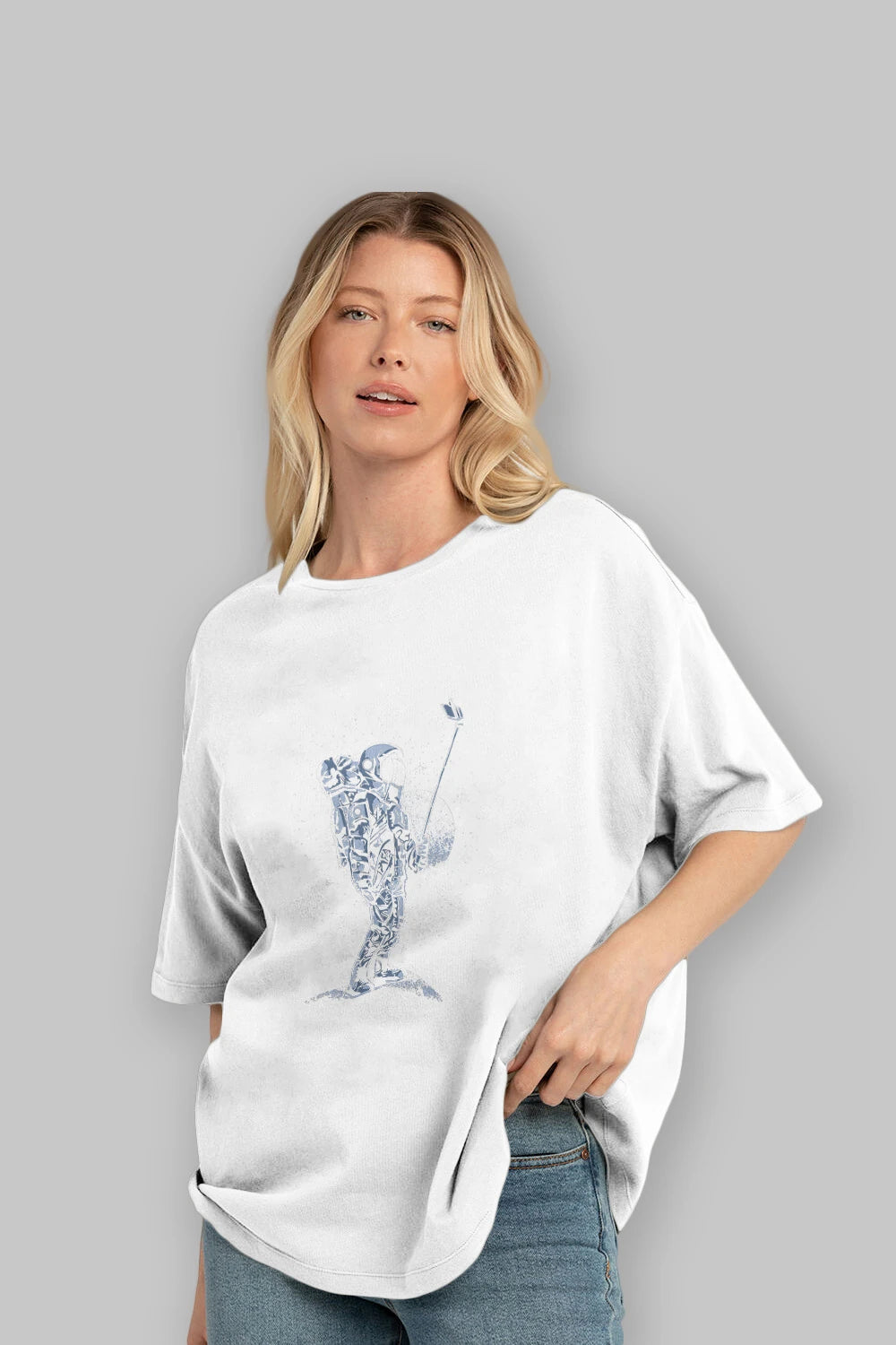 Selfie Astronaut Ön Baskılı Oversize t-shirt Erkek Kadın Unisex %100 Pamuk tişort