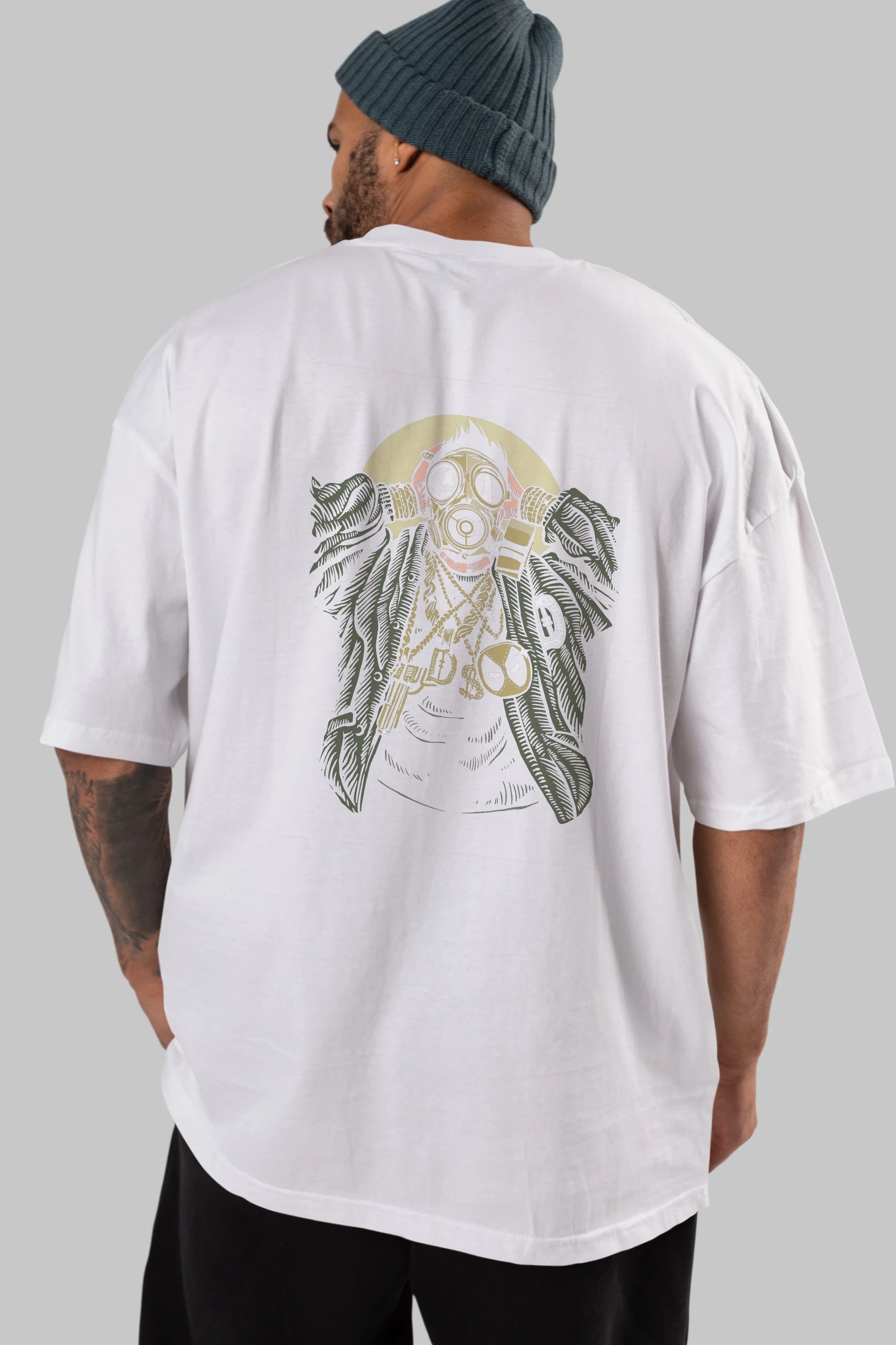 Gasmask Gangsta Arka Baskılı Oversize t-shirt Erkek Kadın Unisex %100 Pamuk