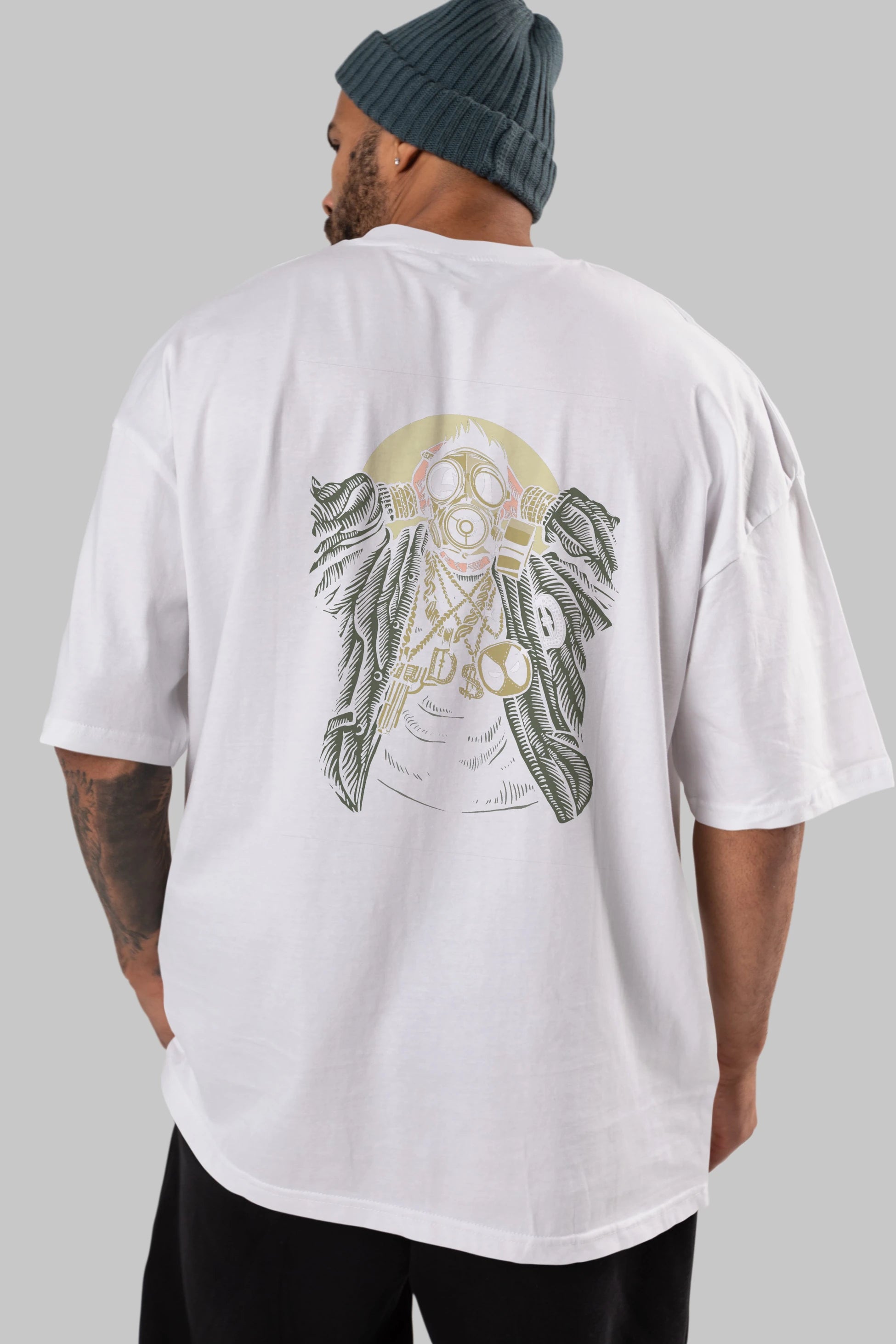 Gasmask Gangsta Arka Baskılı Oversize t-shirt Erkek Kadın Unisex %100 Pamuk