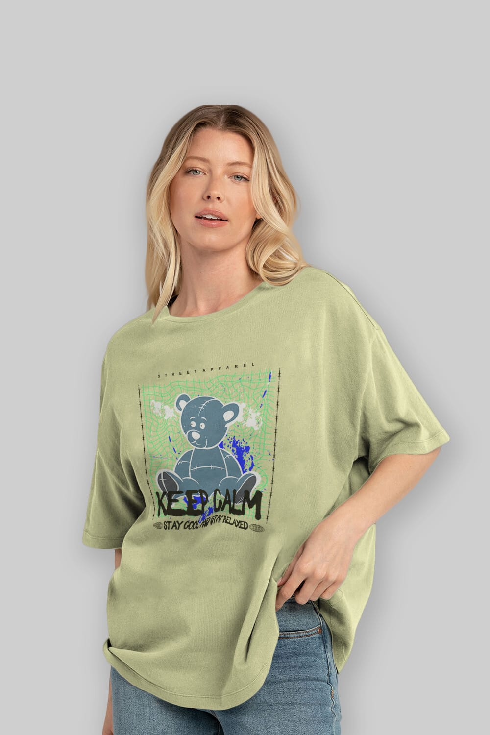 Keep Calm Bear Ön Baskılı Oversize t-shirt Erkek Kadın Unisex