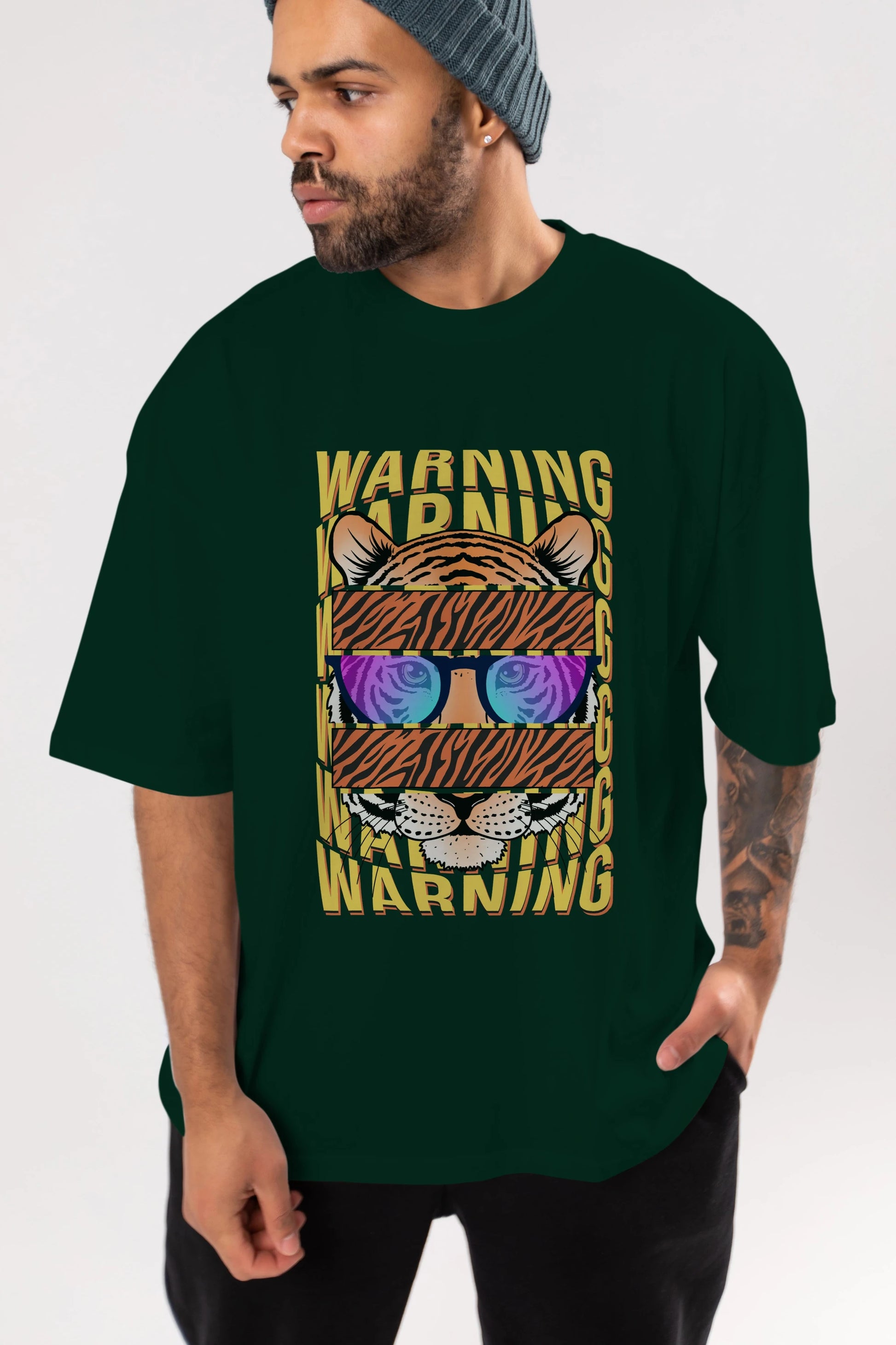 Warning Yazılı Ön Baskılı Oversize t-shirt Erkek Kadın Unisex