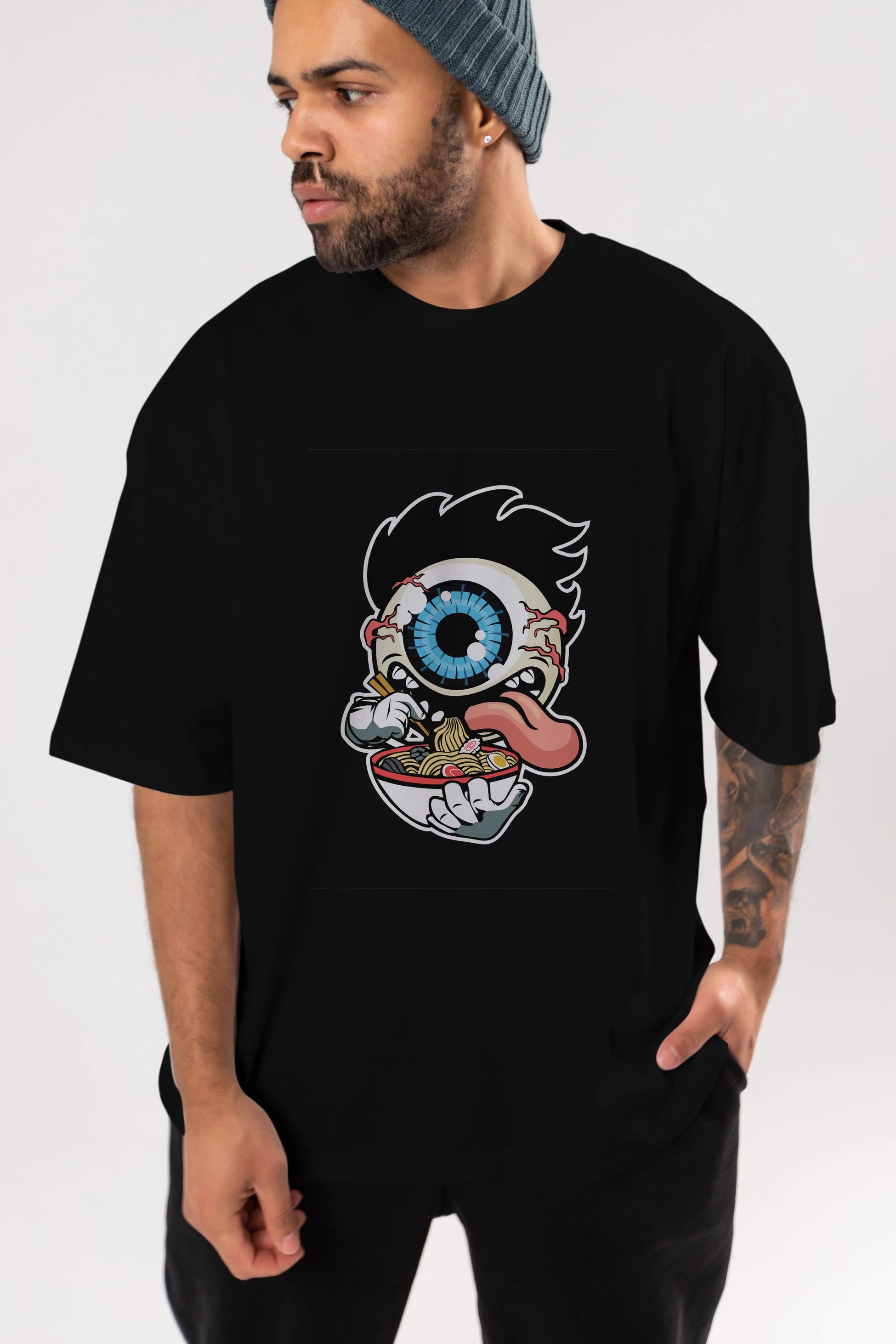 Eyeball Ramen Ön Baskılı Oversize t-shirt Erkek Kadın Unisex %100 Pamuk tişort