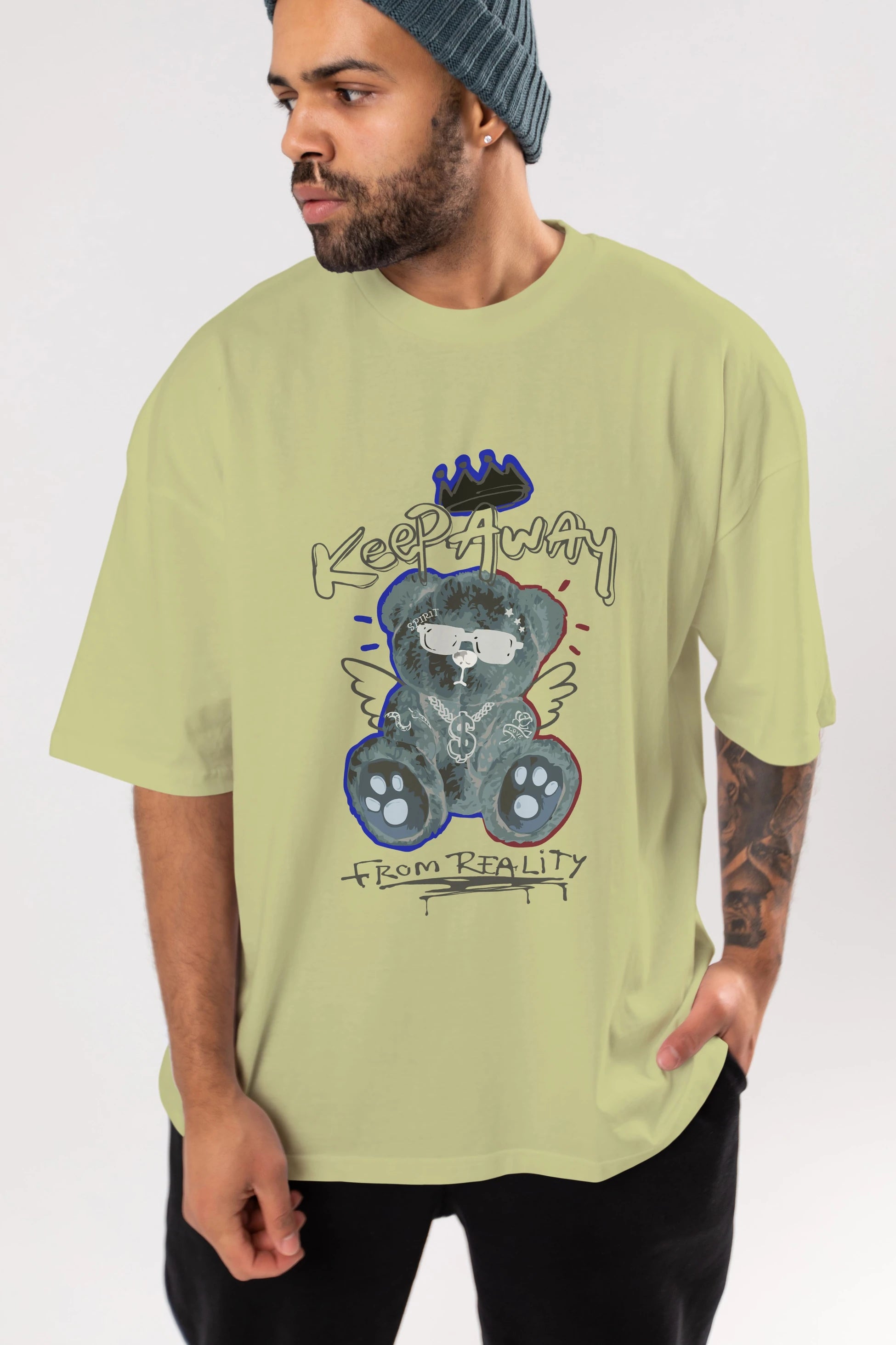 Keep Away Bear Ön Baskılı Oversize t-shirt Erkek Kadın Unisex