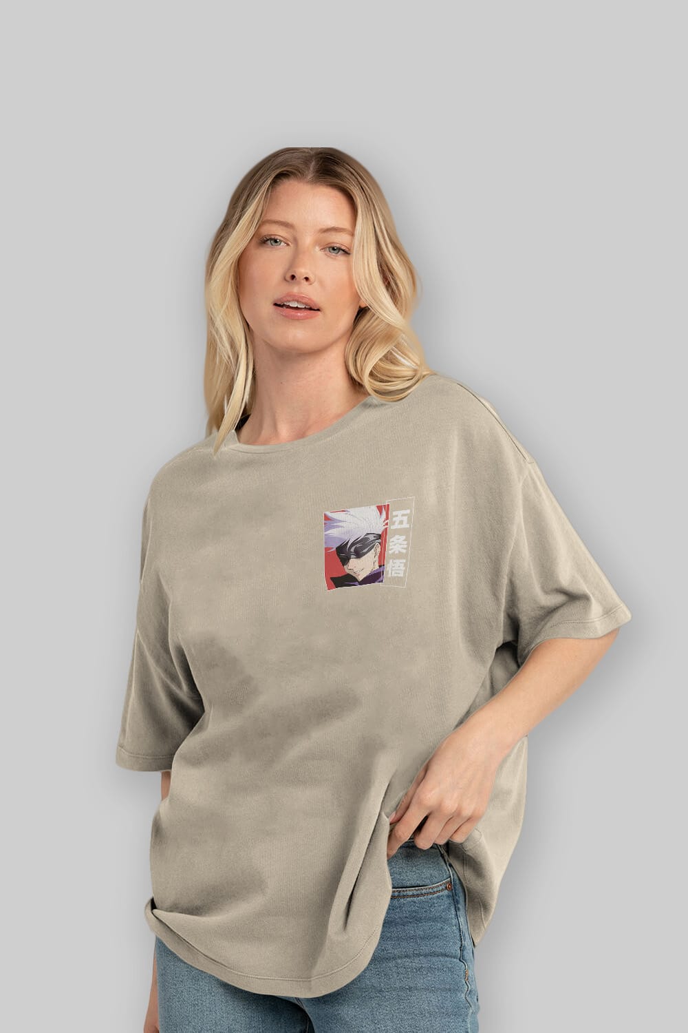 SATORU GOJO Ön Sol Baskılı Oversize t-shirt Erkek Kadın Unisex %100 Pamuk Bisiklet Yaka tişort