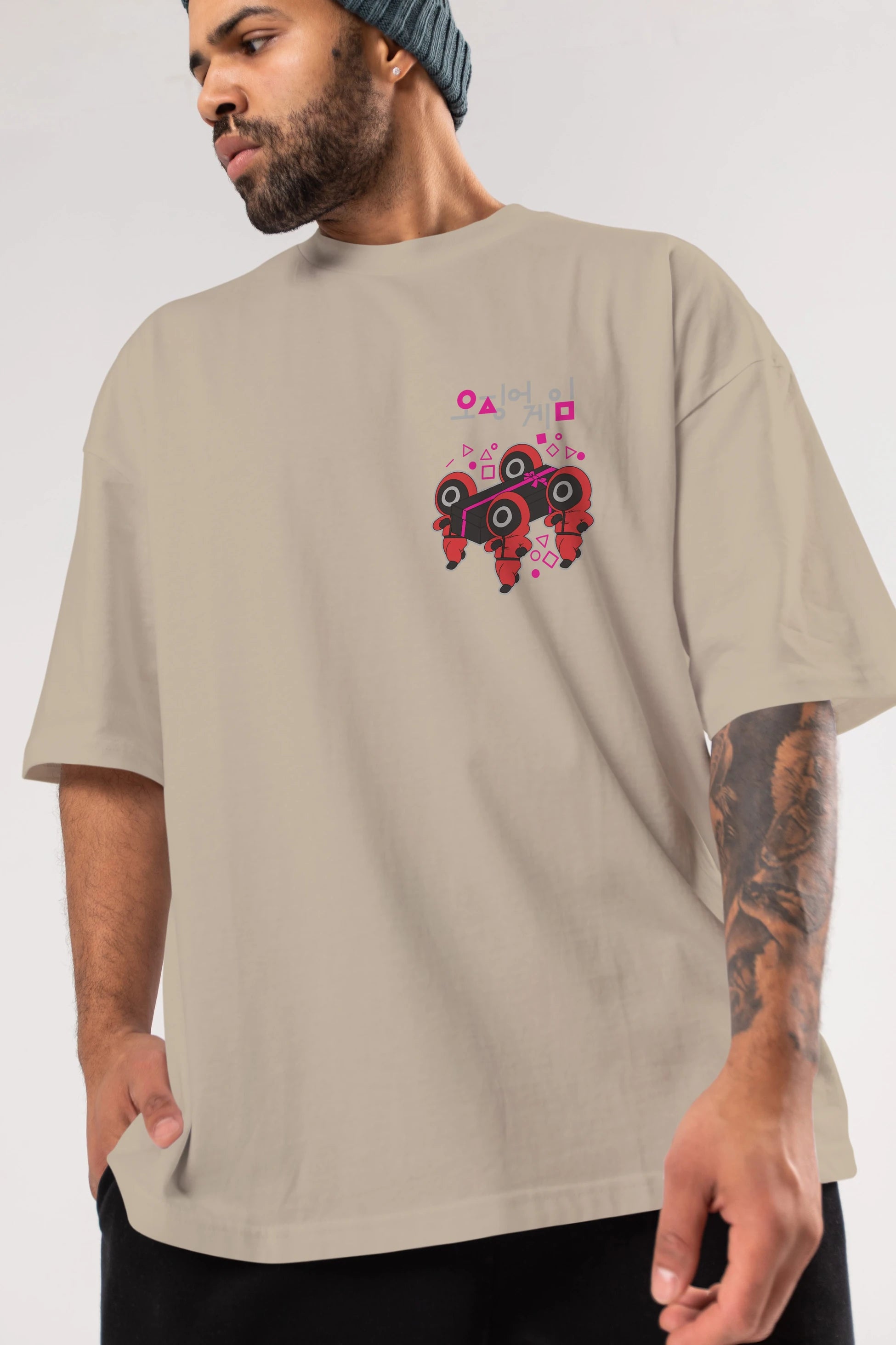 Squid Game (6) Ön Sol Baskılı Oversize t-shirt Erkek Kadın Unisex %100 Pamuk Bisiklet Yaka tişort