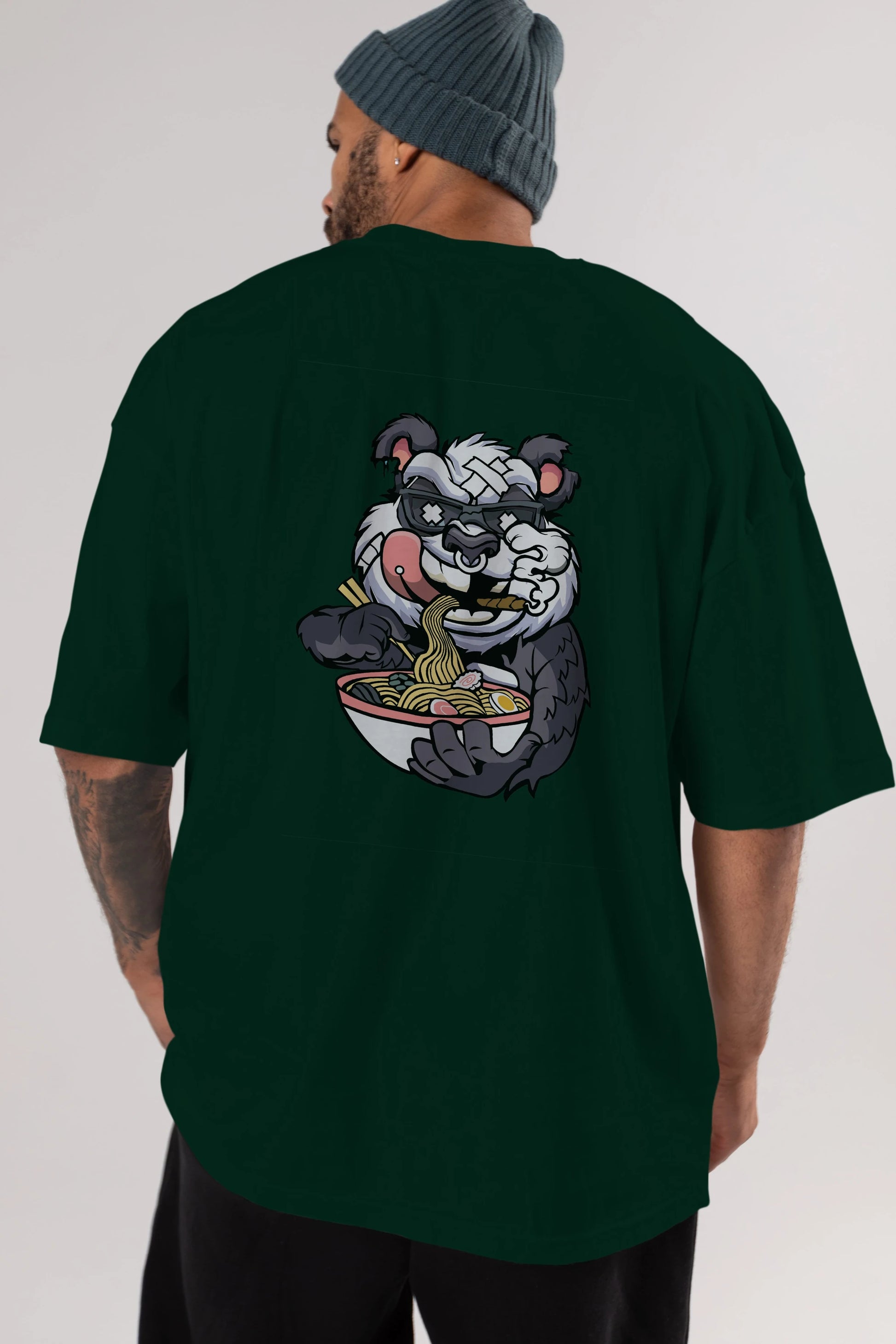 Panda Ramen Arka Baskılı Oversize t-shirt Erkek Kadın Unisex %100 Pamuk tişort