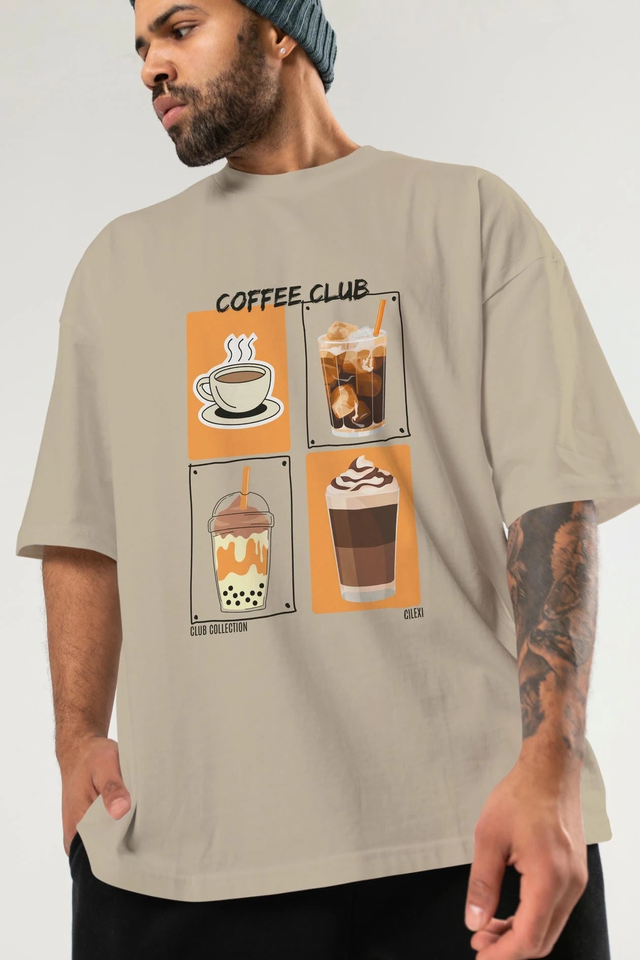 Coffee Club ön Baskılı Oversize t-shirt Erkek Kadın %100 Pamuk Bisiklet Yaka tişort
