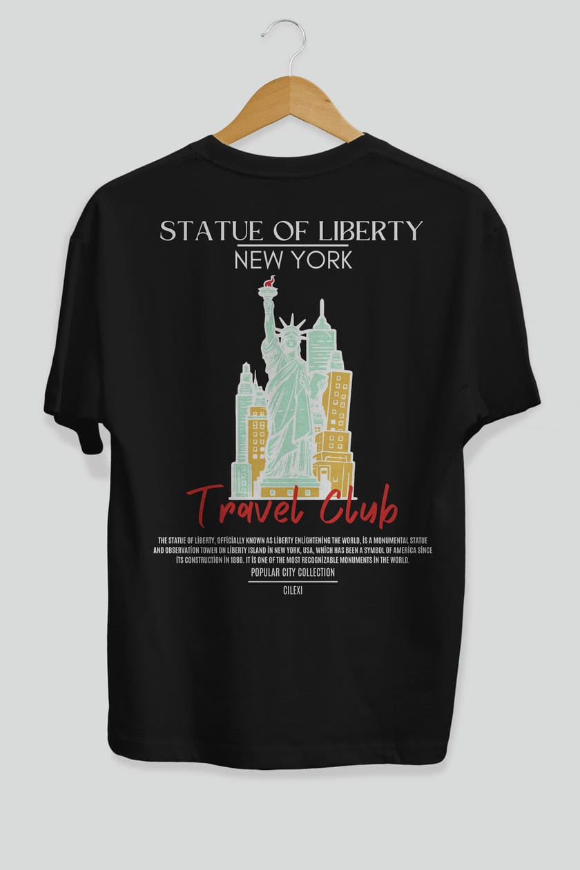 Statue Of Liberty New York Arka Baskılı Oversize t-shirt Erkek Kadın Pamuk Bisiklet Yaka tişort