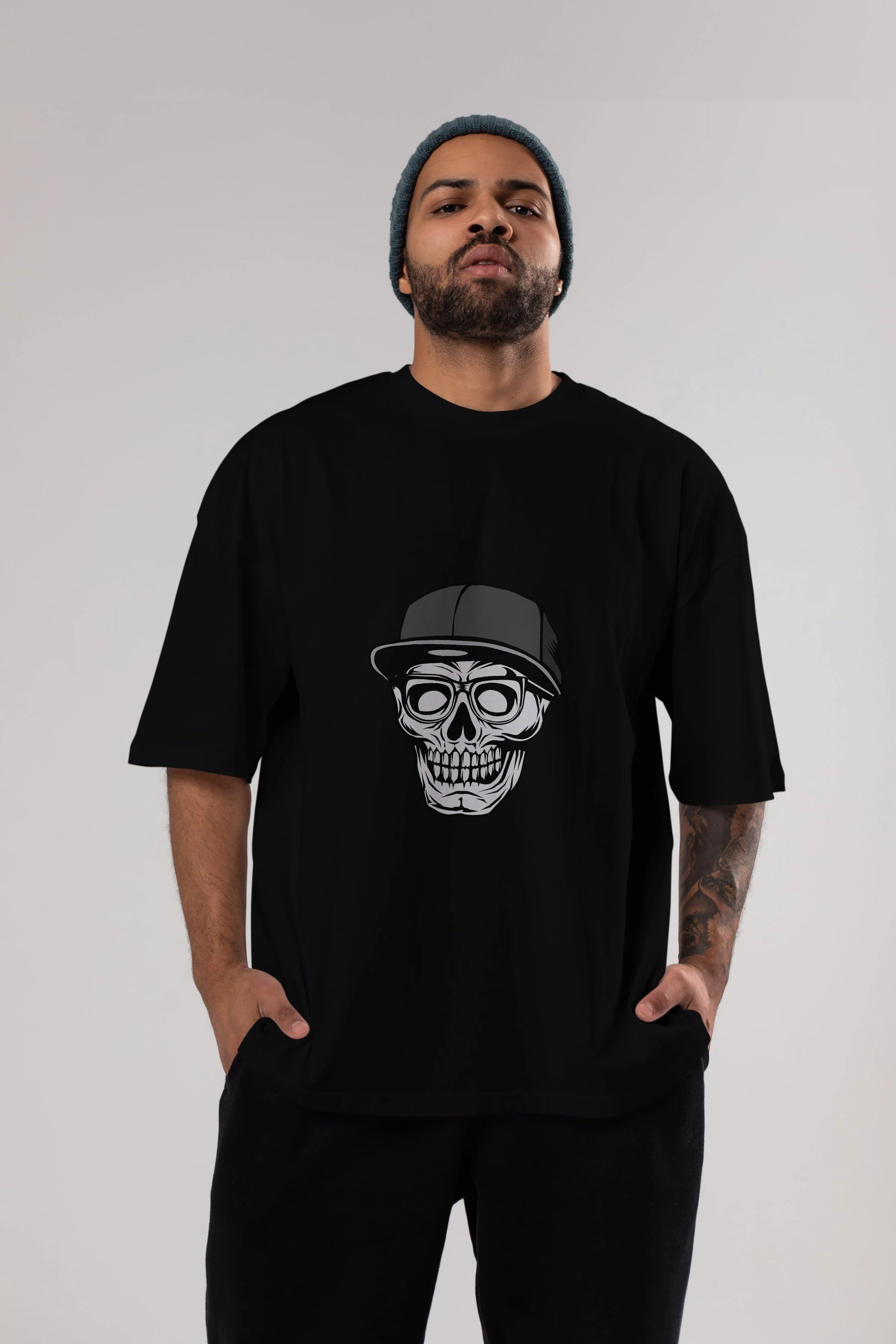 Skull With Hat Ön Baskılı Oversize t-shirt Erkek Kadın Unisex %100 Pamuk tişort