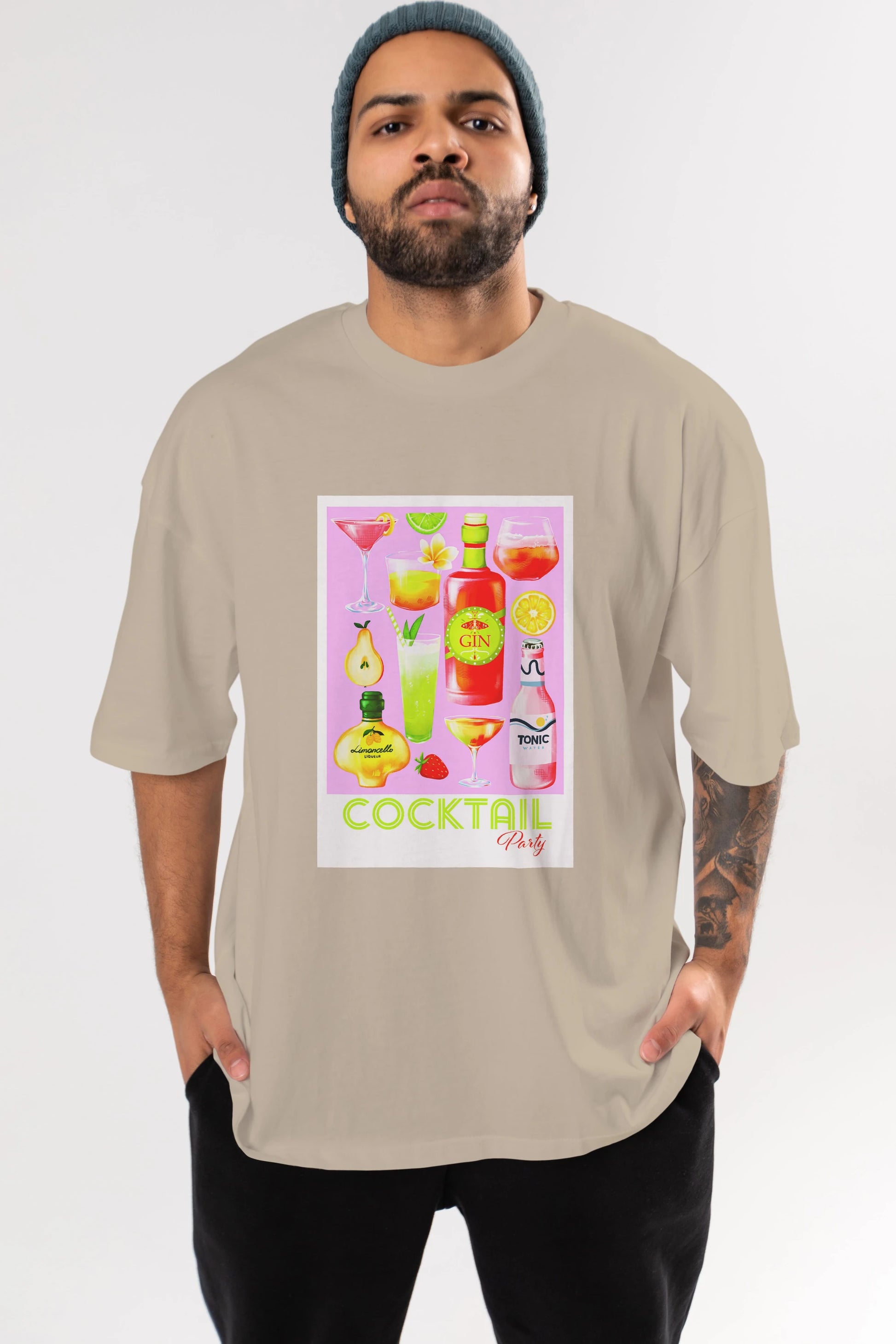 Cocktail Party Ön Baskılı Oversize t-shirt Erkek Kadın Unisex %100 Pamuk Bisiklet Yaka tişort