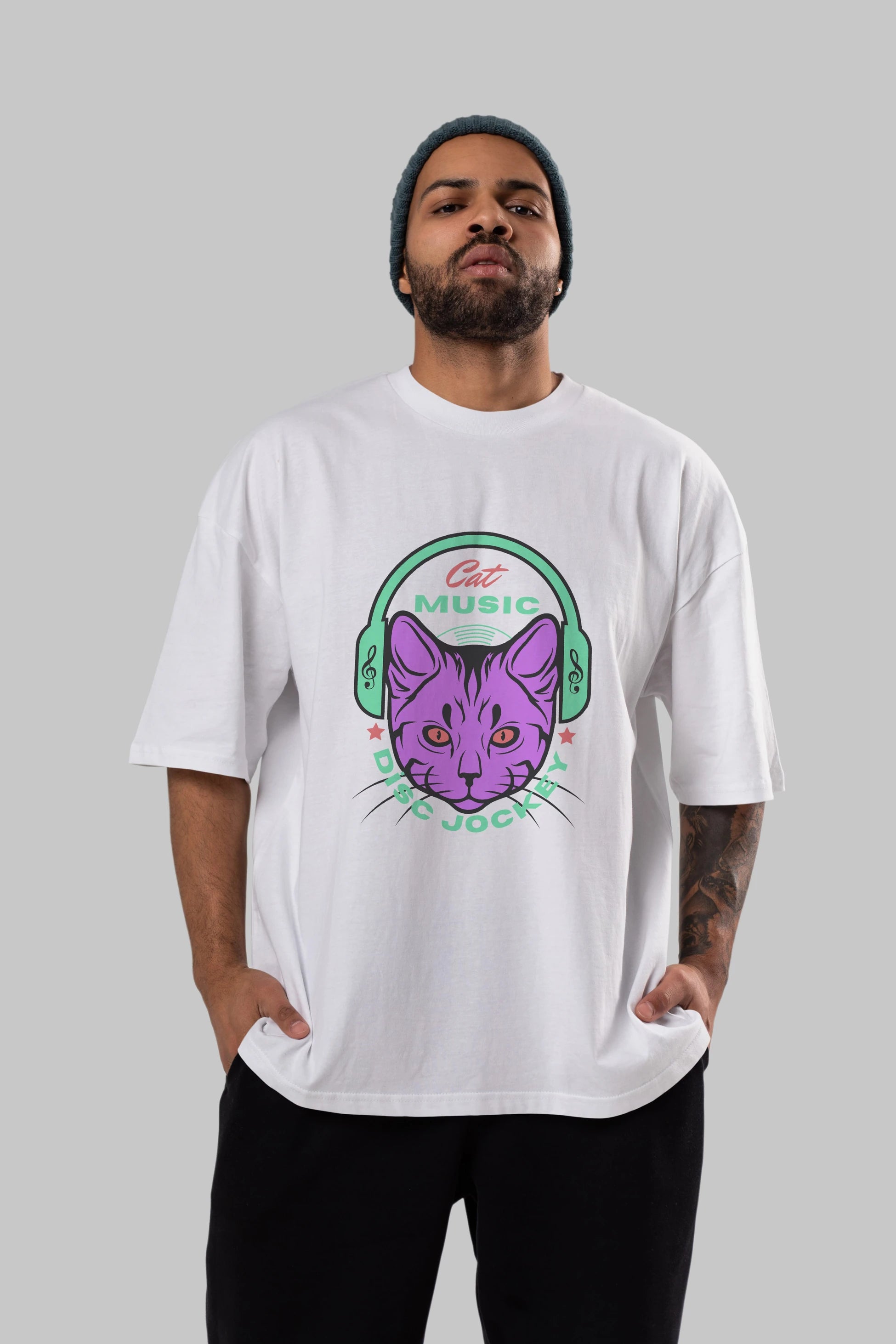 Cat Music Ön Baskılı Oversize t-shirt Erkek Kadın Unisex