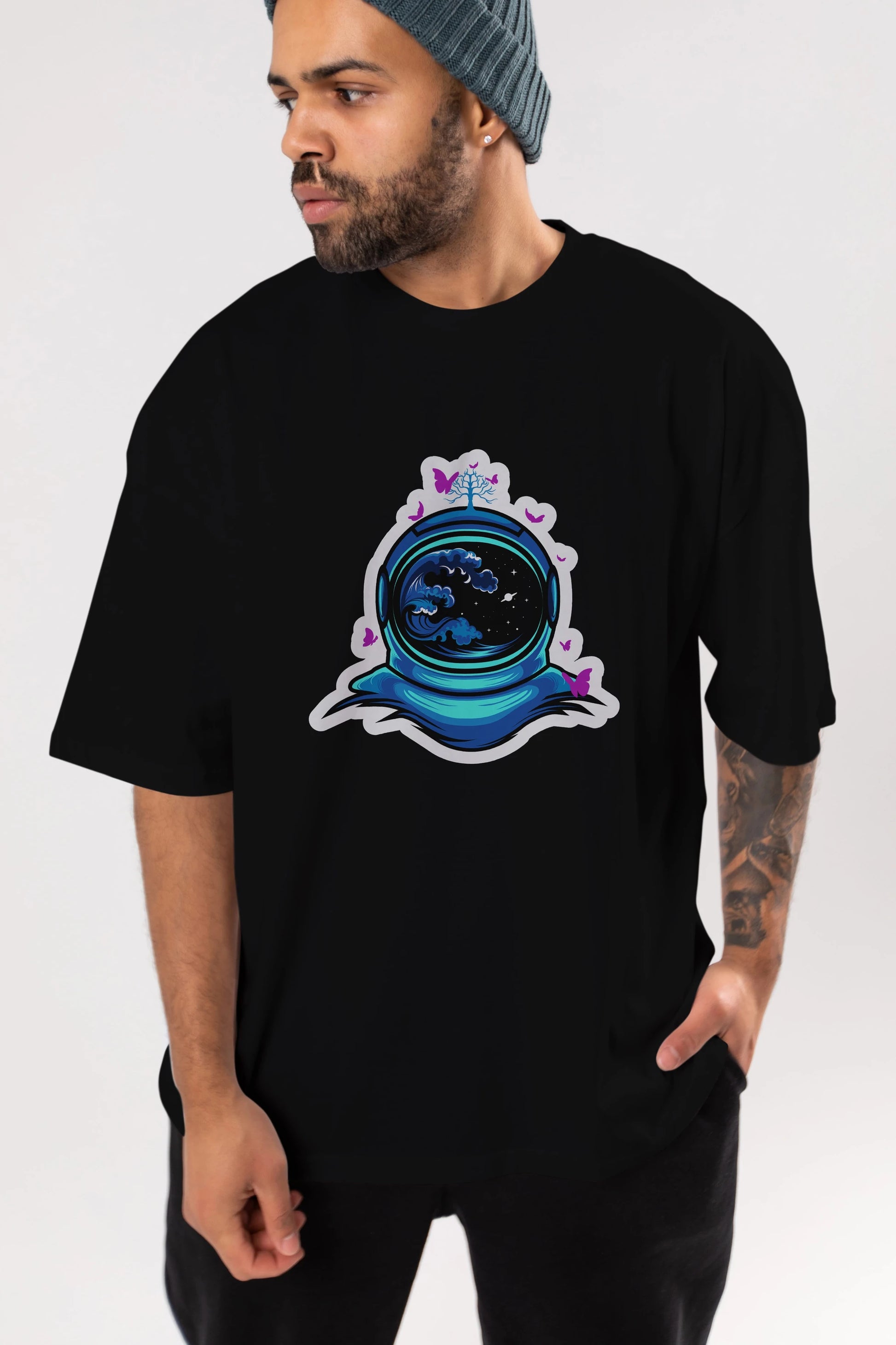 Astronaut and Butterfly Sticker Ön Baskılı Oversize t-shirt Erkek Kadın Unisex