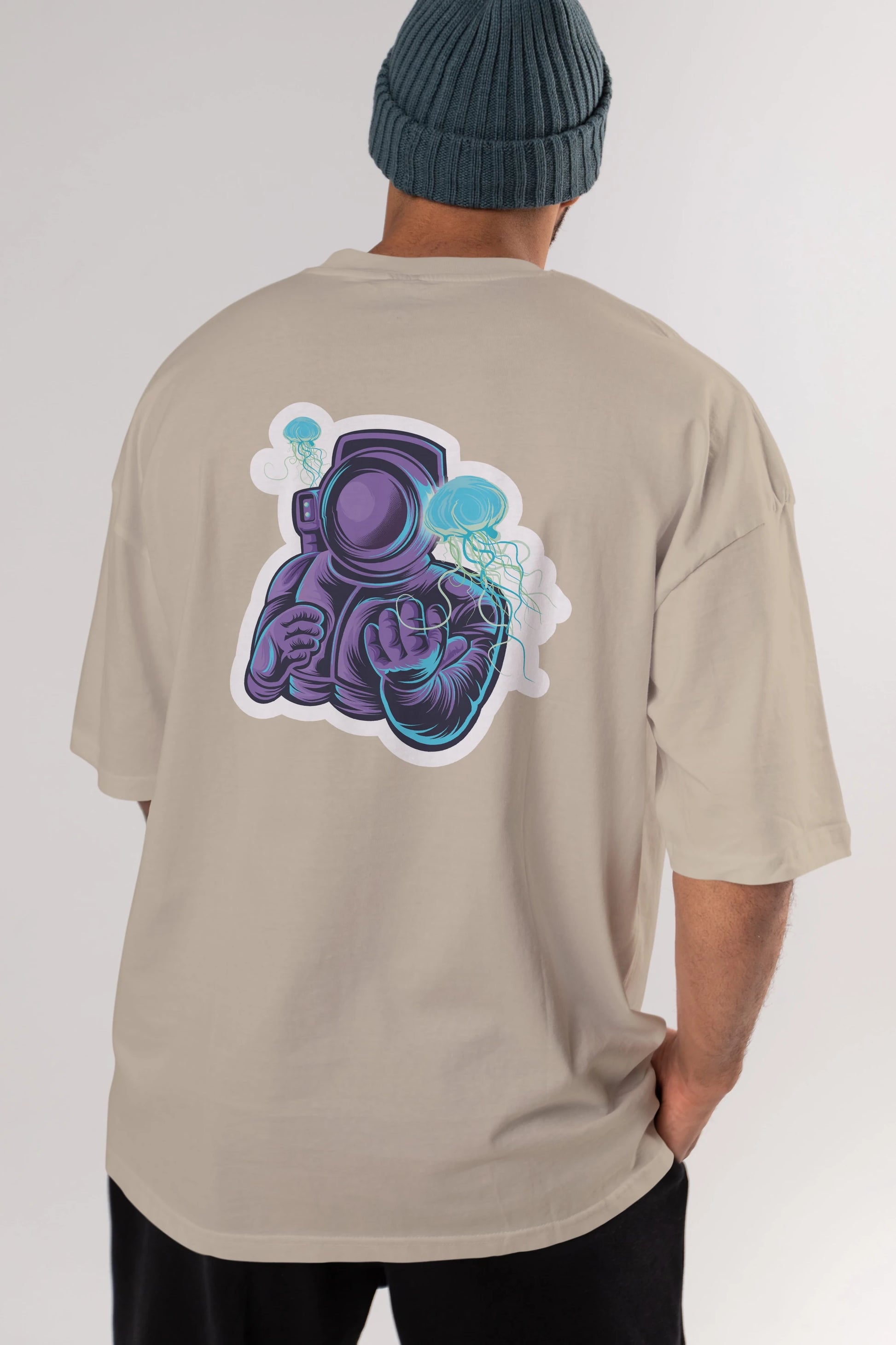 Astronaut and Jellyfish Sticker Arka Baskılı Oversize t-shirt Erkek Kadın Unisex