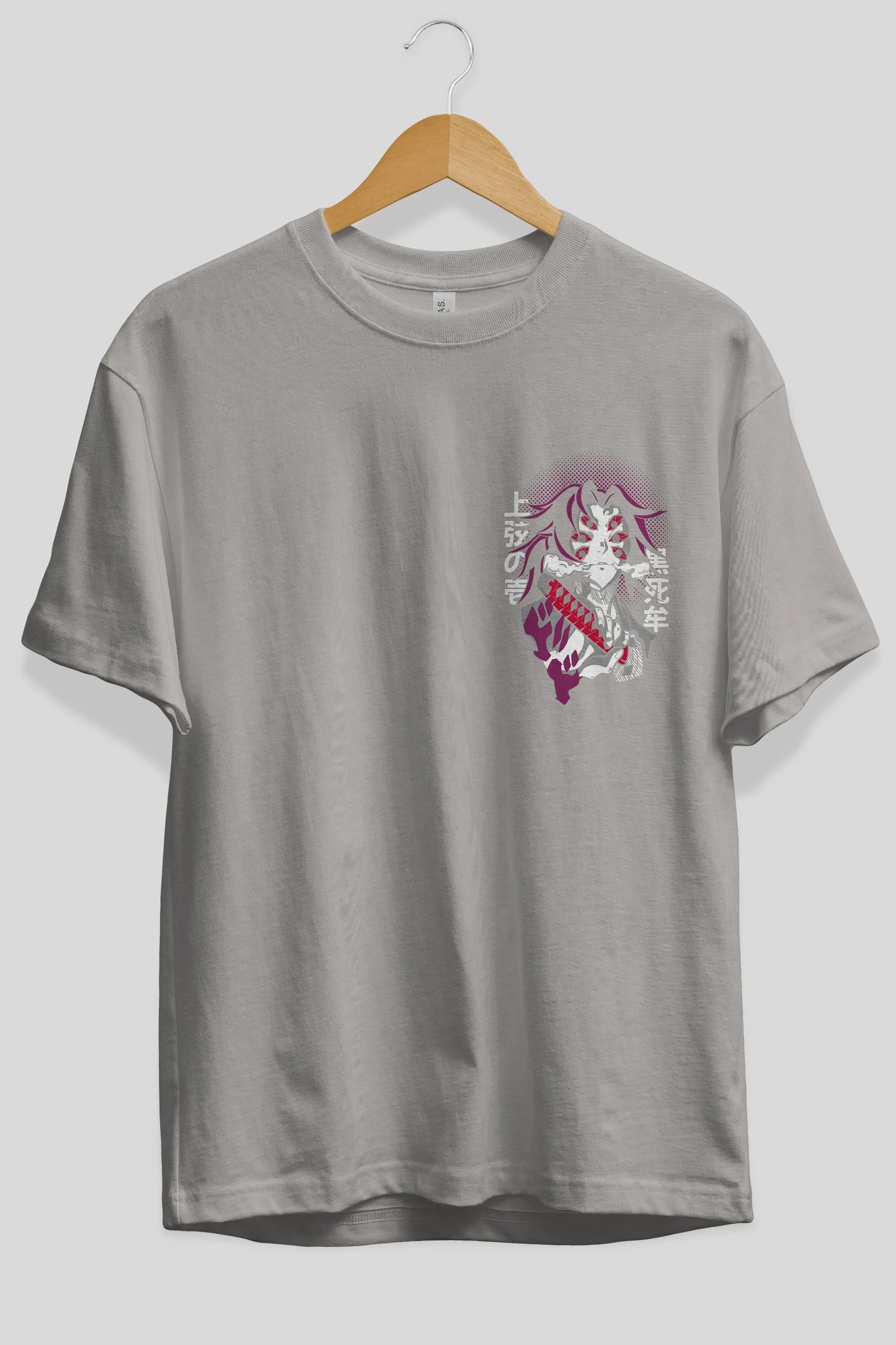 Kokushibo Ön Sol Baskılı Oversize t-shirt Erkek Kadın Unisex %100 Pamuk Bisiklet Yaka tişort