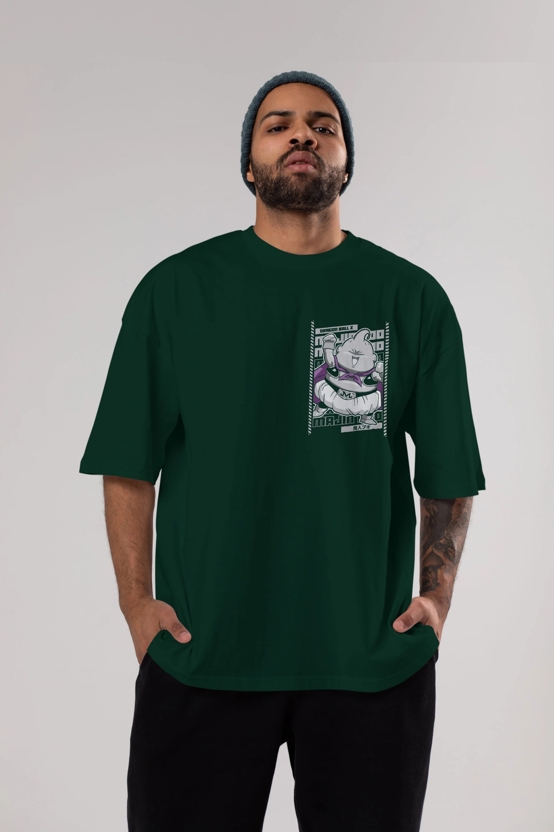 MAJIN BOO2 Ön Sol Baskılı Oversize t-shirt Erkek Kadın Unisex %100 Pamuk Bisiklet Yaka tişort