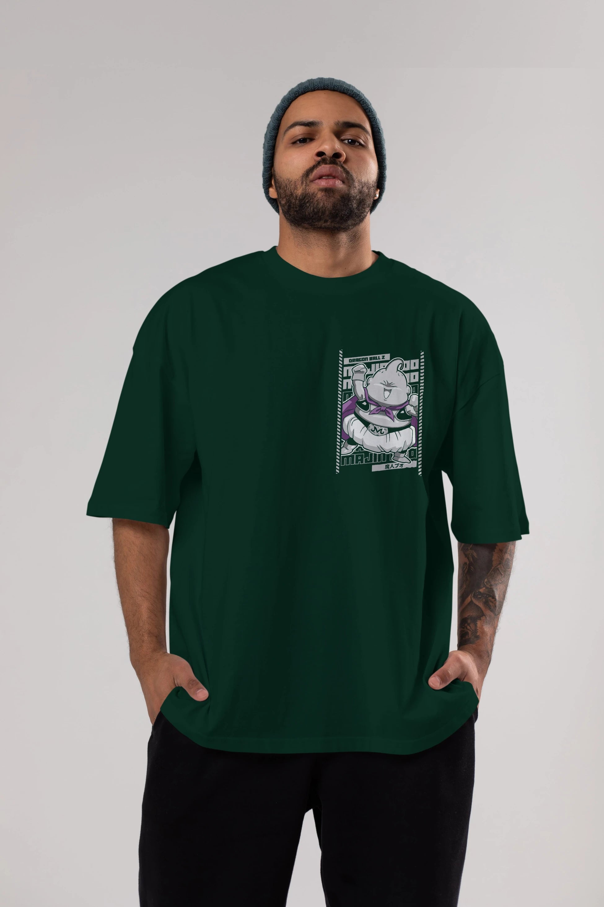 MAJIN BOO2 Ön Sol Baskılı Oversize t-shirt Erkek Kadın Unisex %100 Pamuk Bisiklet Yaka tişort