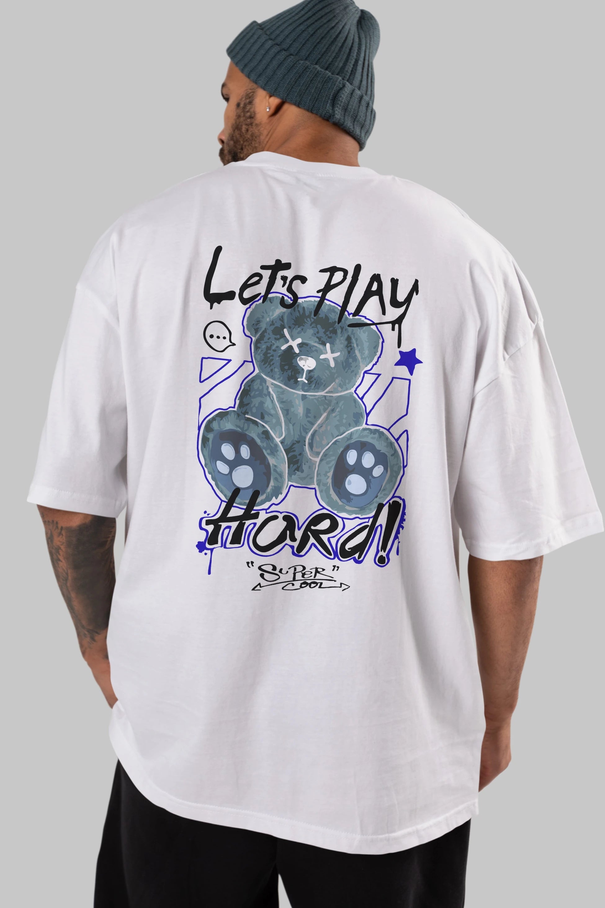 Lets Play Hard Bear Arka Baskılı Oversize t-shirt Erkek Kadın Unisex
