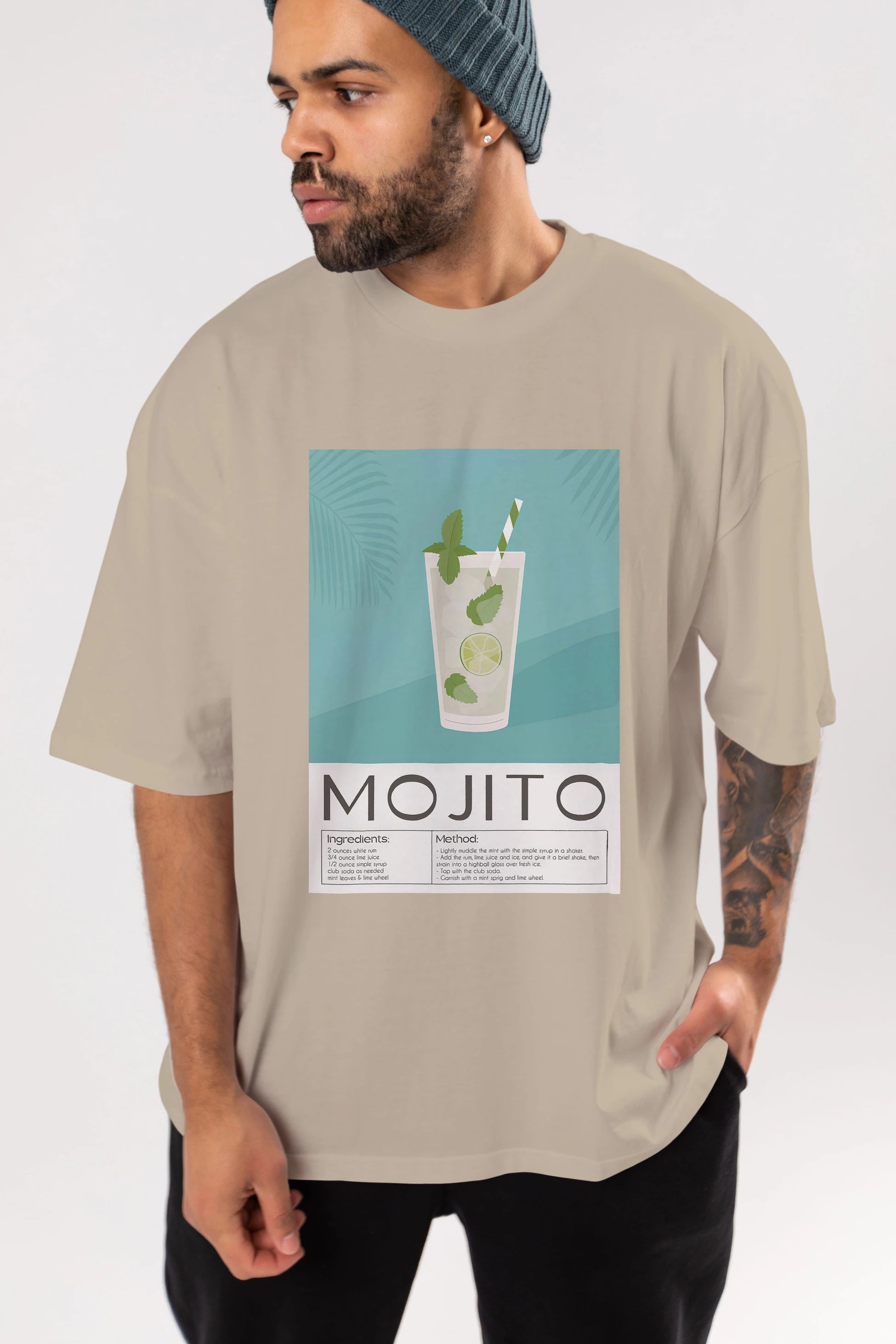 Mojito 4 Ön Baskılı Oversize t-shirt Erkek Kadın Unisex %100 Pamuk Bisiklet Yaka tişort