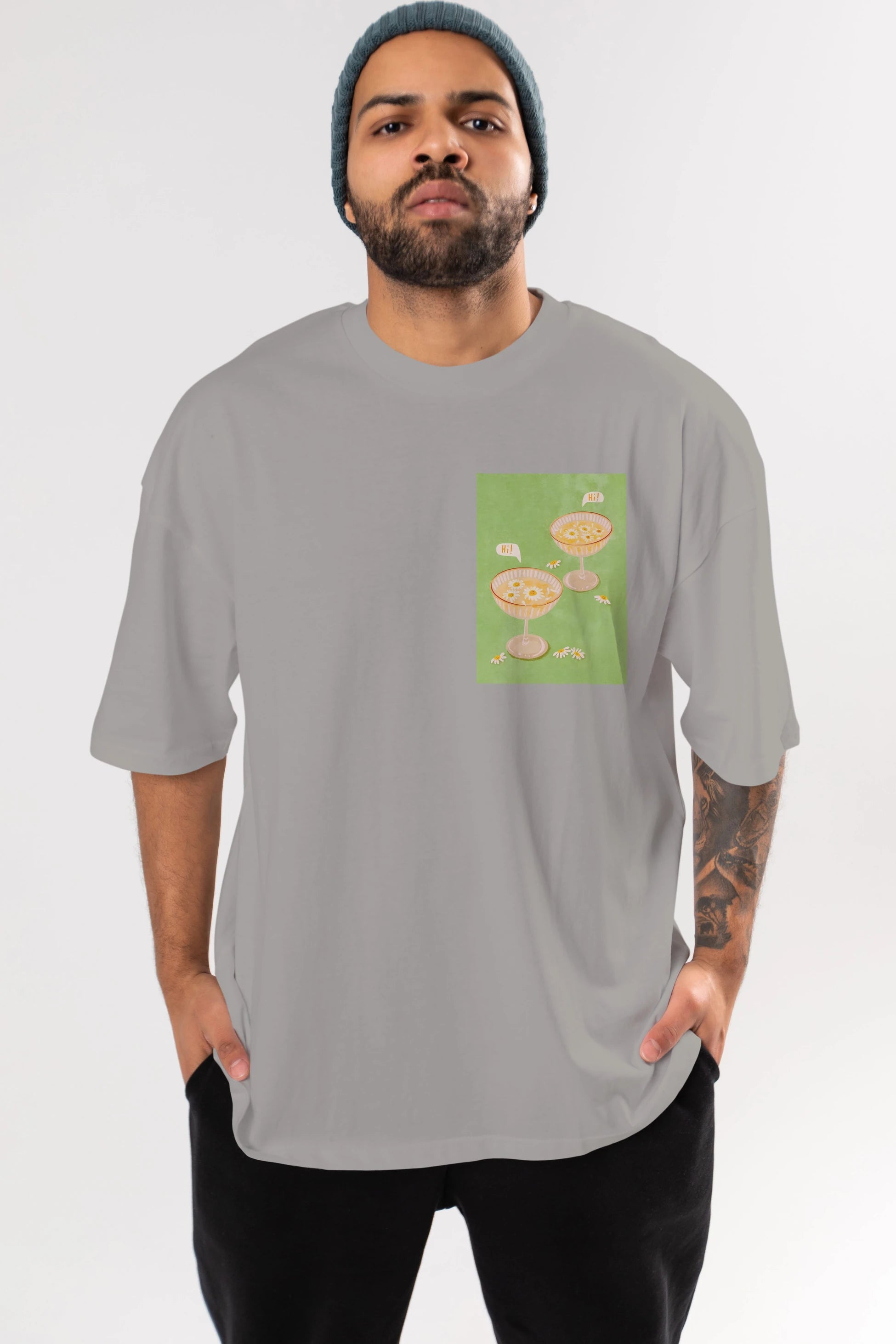 Hi Cheers Ön Sol Baskılı Oversize t-shirt Erkek Kadın Unisex %100 Pamuk Bisiklet Yaka tişort