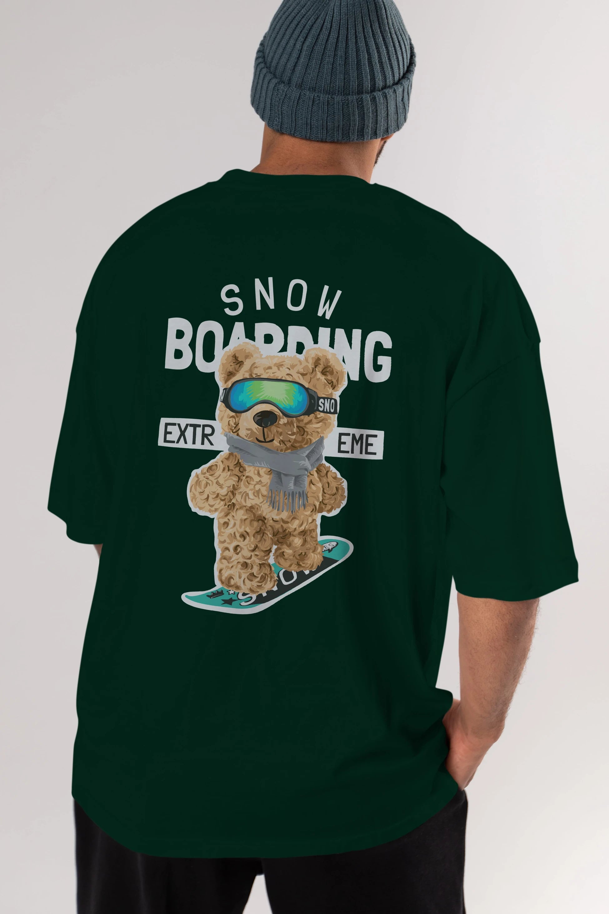 Teddy Bear Snow Boarding Arka Baskılı Oversize t-shirt Erkek Kadın Unisex %100 Pamuk