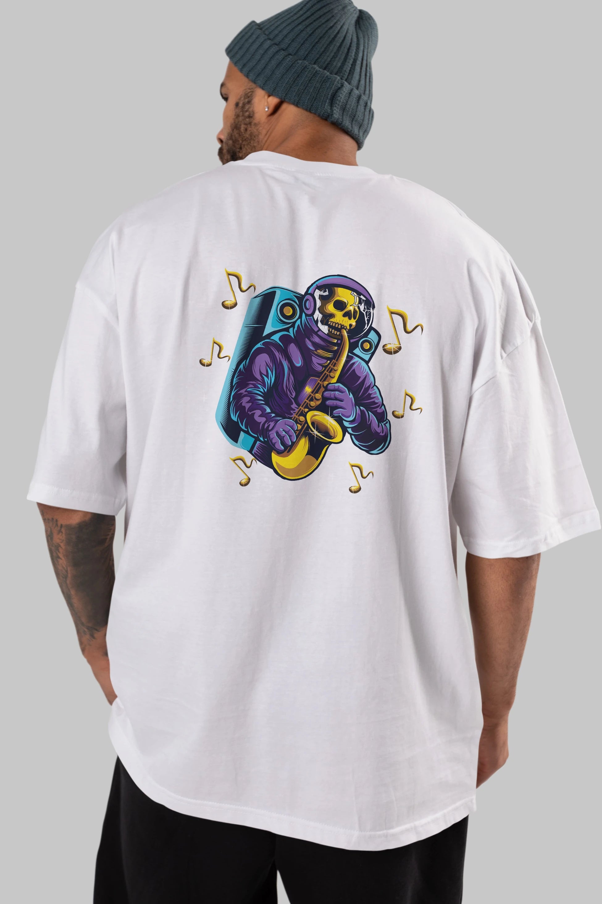 Astroskull Saxophonist Arka Baskılı Oversize t-shirt Erkek Kadın Unisex