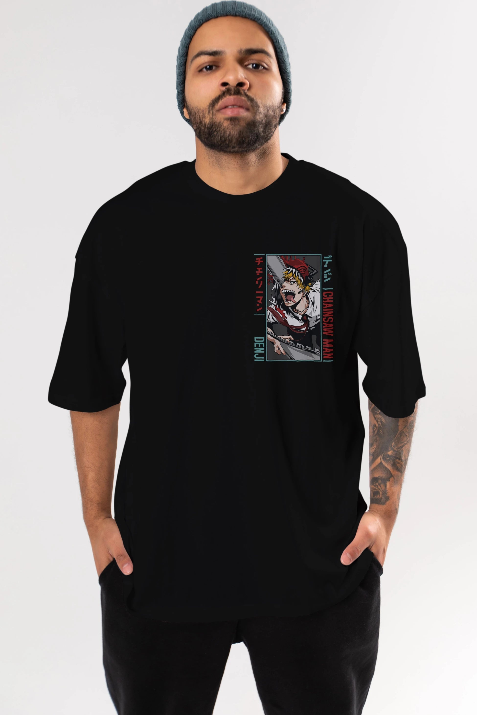 Denji Chainsaw Man Ön Sol Baskılı Oversize t-shirt Erkek Kadın Unisex %100 Pamuk Bisiklet Yaka tişort