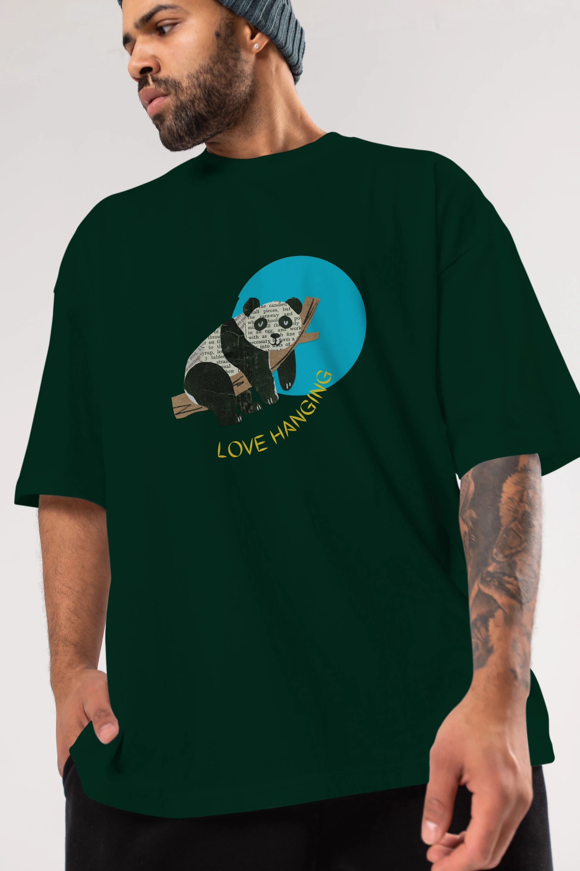 Panda Love Hanging Ön Baskılı Oversize t-shirt Erkek Kadın Unisex