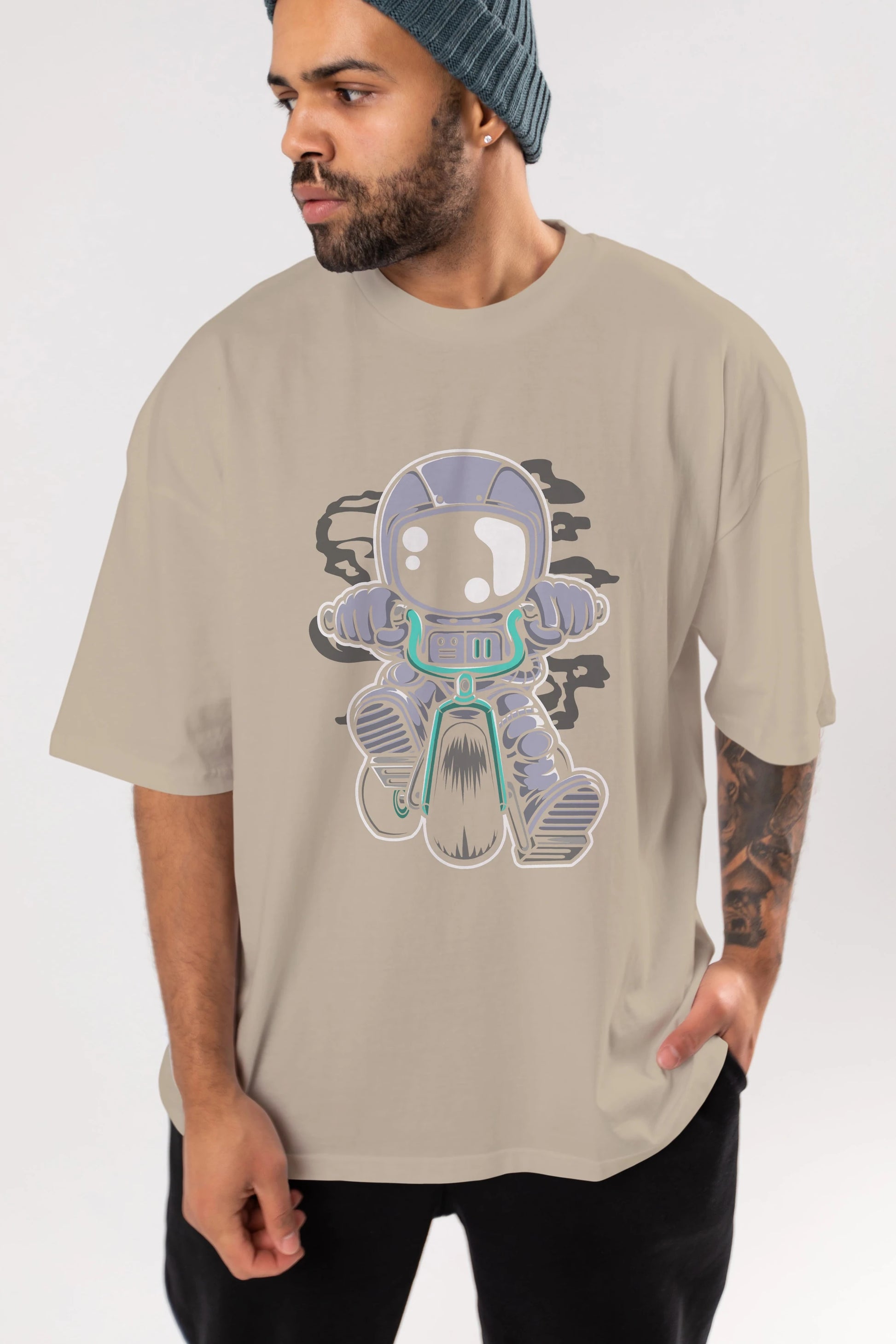 Astronaut Biker Ön Baskılı Oversize t-shirt Erkek Kadın Unisex