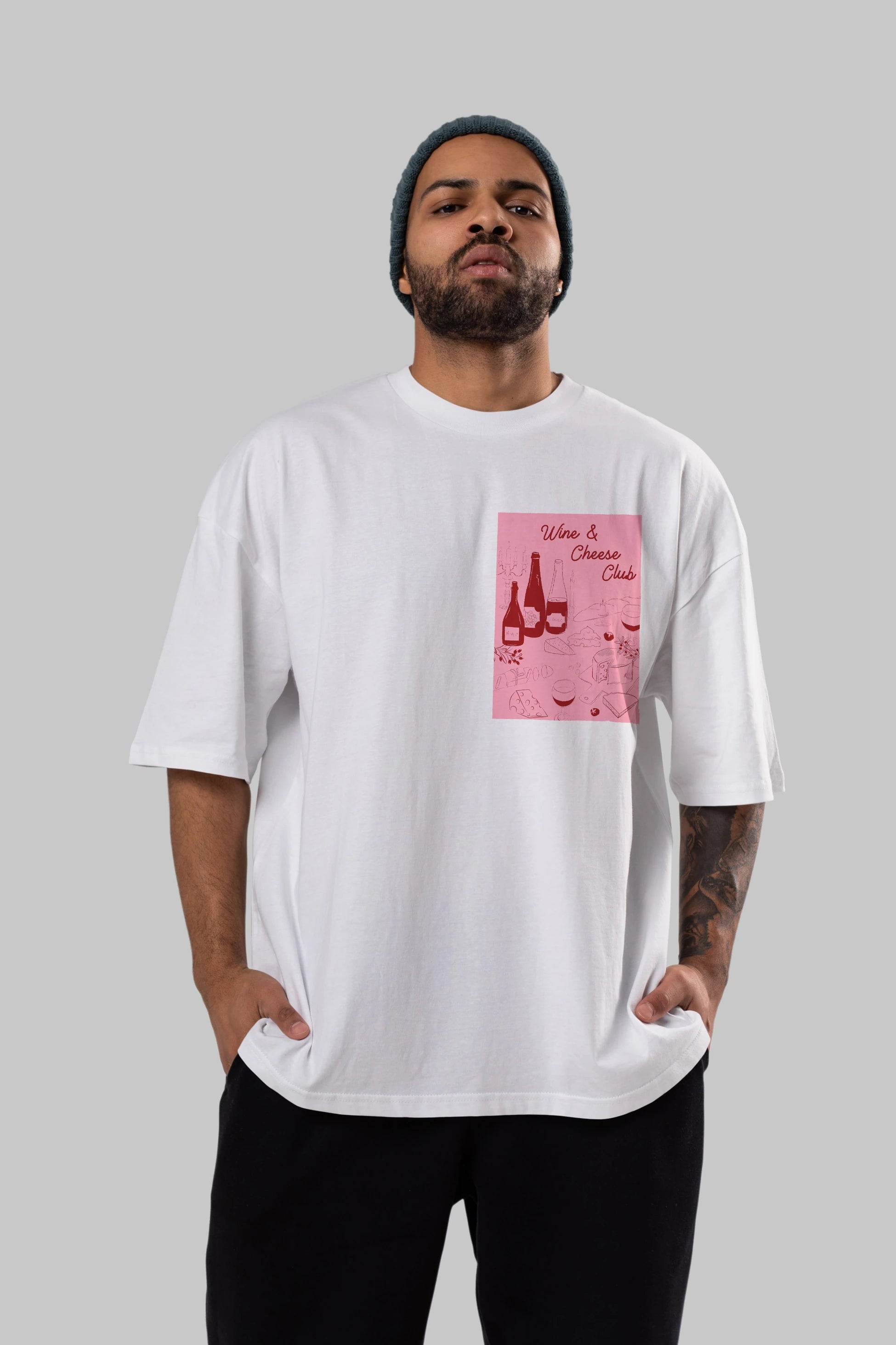 Wine Cheese Club Ön Sol Baskılı Oversize t-shirt Erkek Kadın Unisex %100 Pamuk Bisiklet Yaka tişort