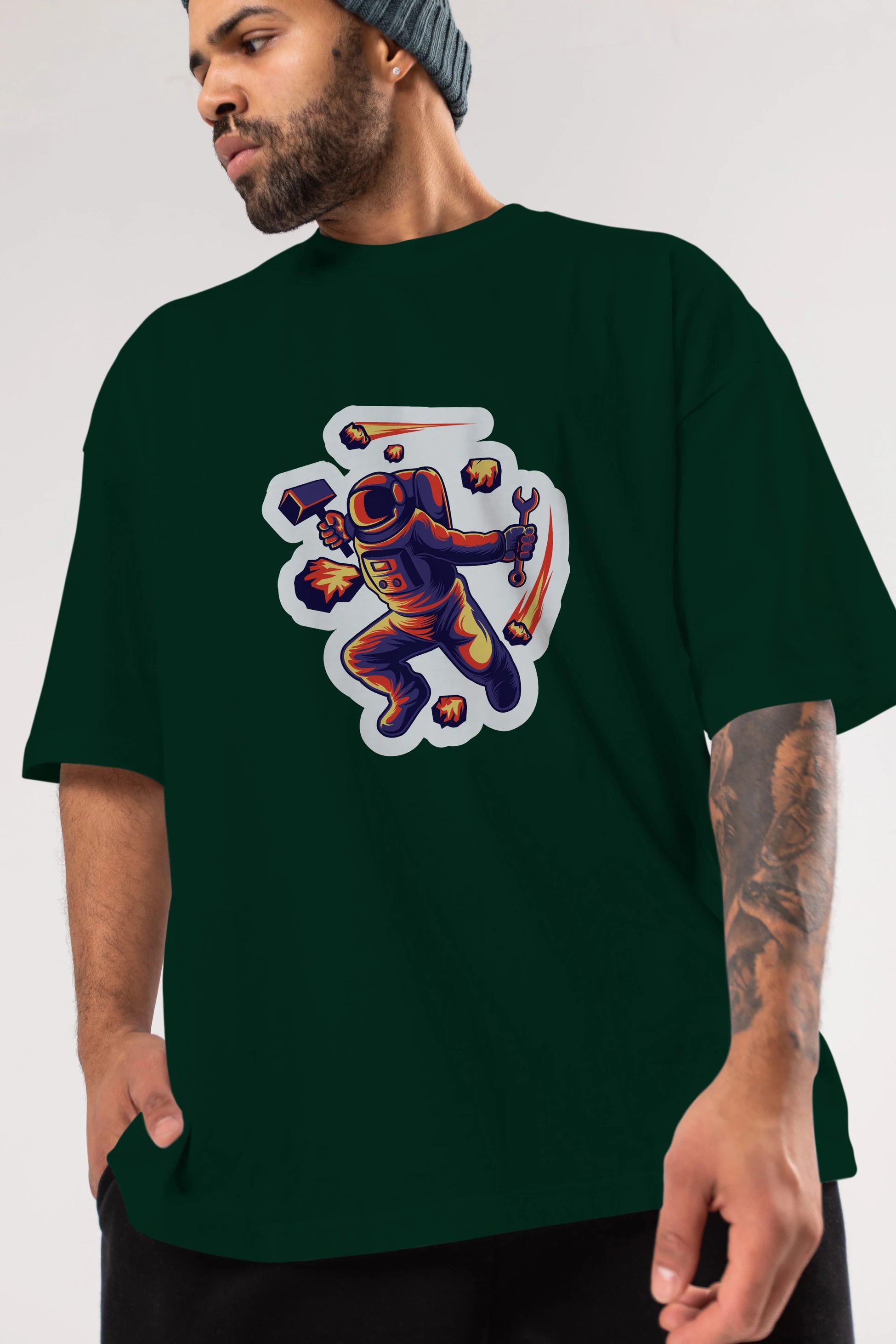 Astronaut Block Meteor Sticker Ön Baskılı Oversize t-shirt Erkek Kadın Unisex