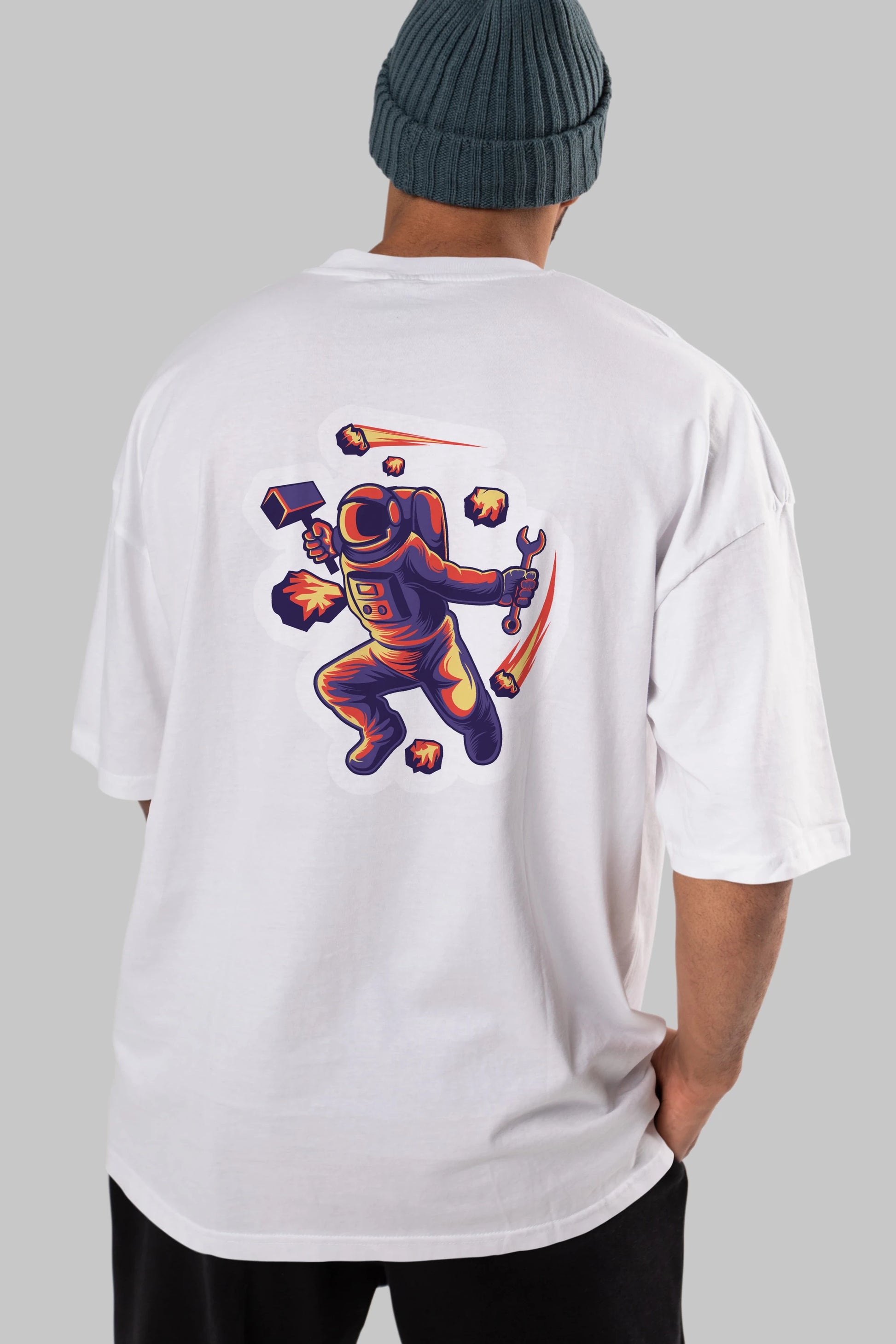 Astronaut Block Meteor Sticker Arka Baskılı Oversize t-shirt Erkek Kadın Unisex