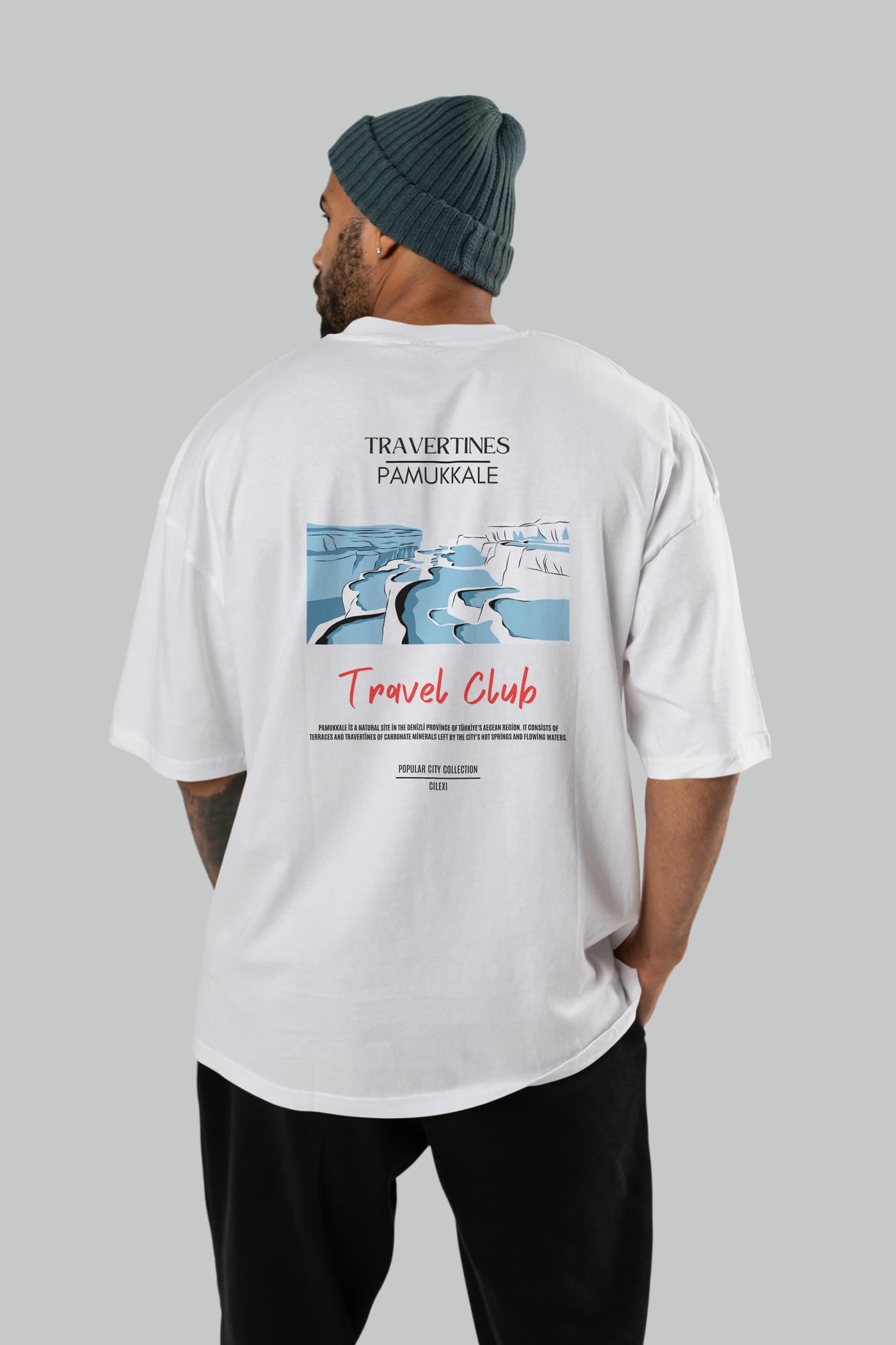 Travertines Pamukkale Arka Baskılı Oversize t-shirt Erkek Kadın Pamuk Bisiklet Yaka tişort