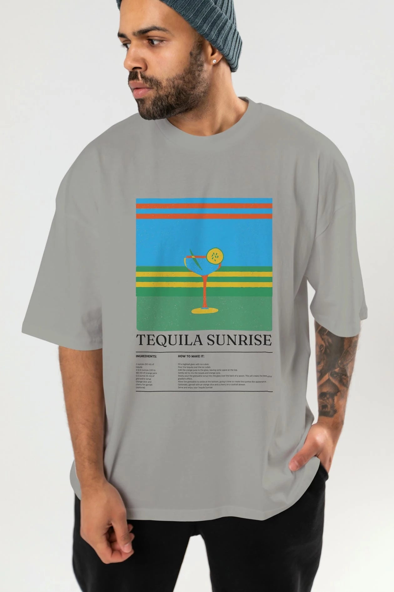 Tequila Sunrise Kokteyl Ön Baskılı Oversize t-shirt Erkek Kadın %100 Pamuk Bisiklet Yaka tişort