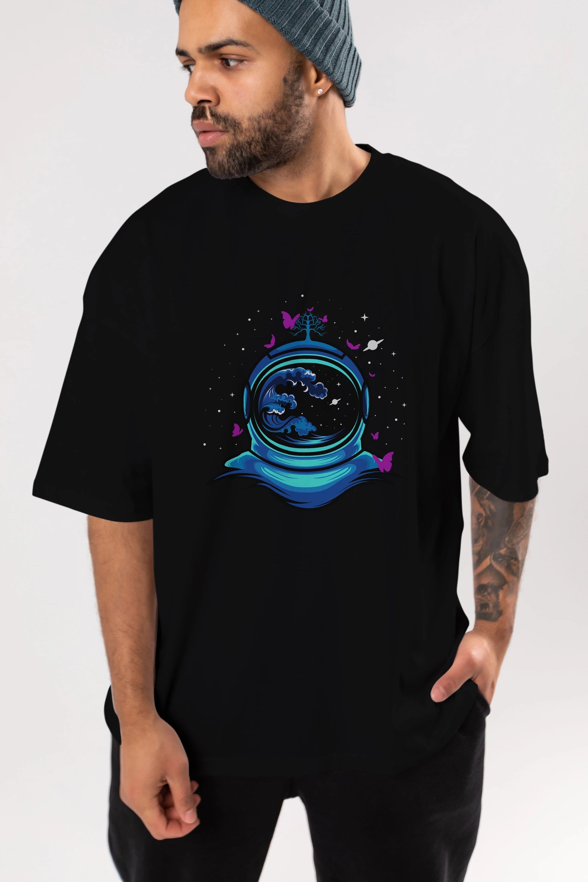 Astronaut and Butterfly Ön Baskılı Oversize t-shirt Erkek Kadın Unisex