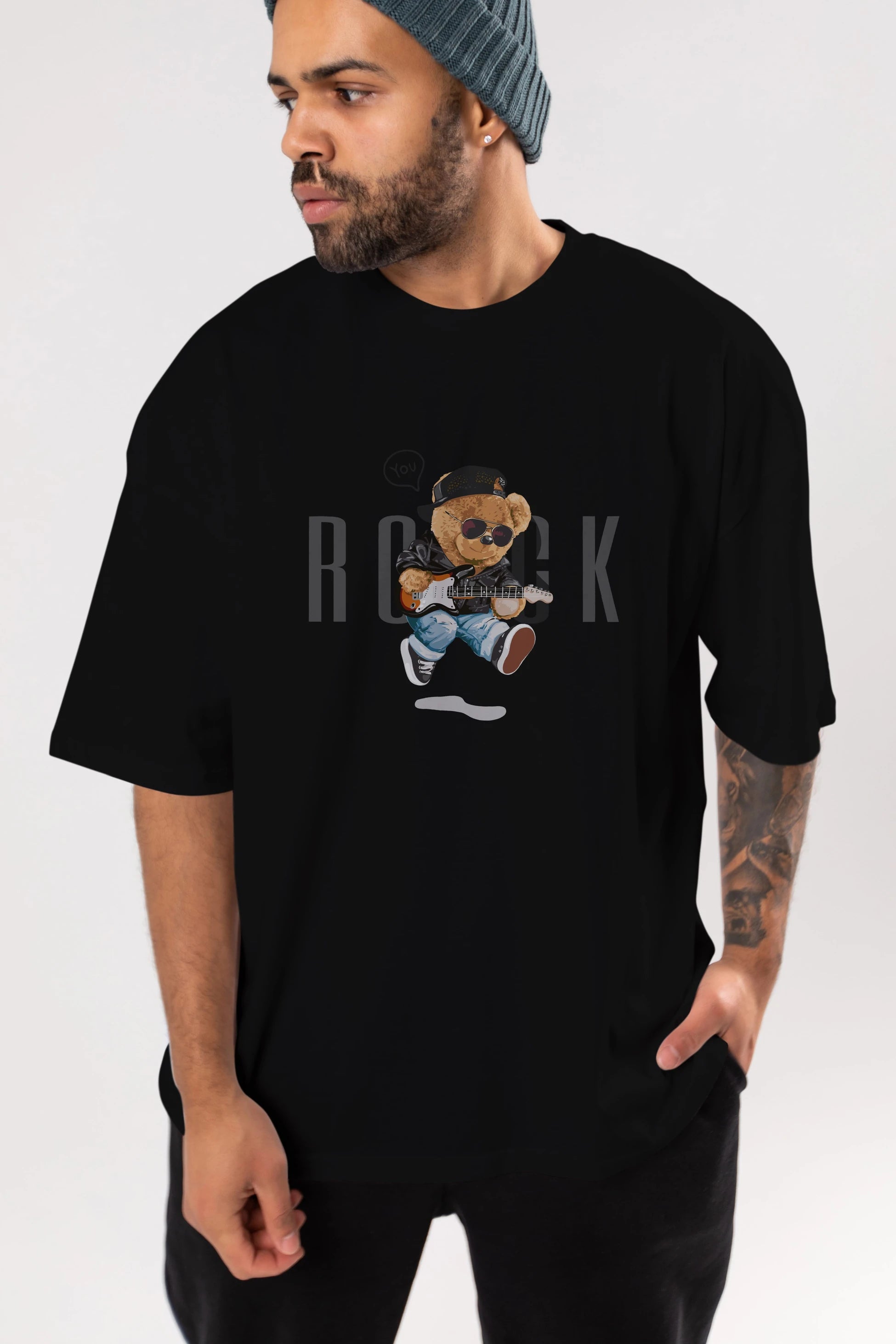Teddy Bear Rock Ön Baskılı Oversize t-shirt Erkek Kadın Unisex %100 Pamuk