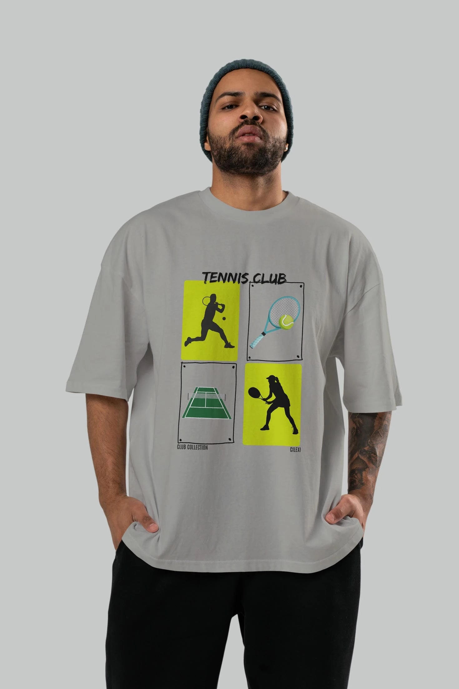 Tennis Club ön Baskılı Oversize t-shirt Erkek Kadın %100 Pamuk Bisiklet Yaka tişort
