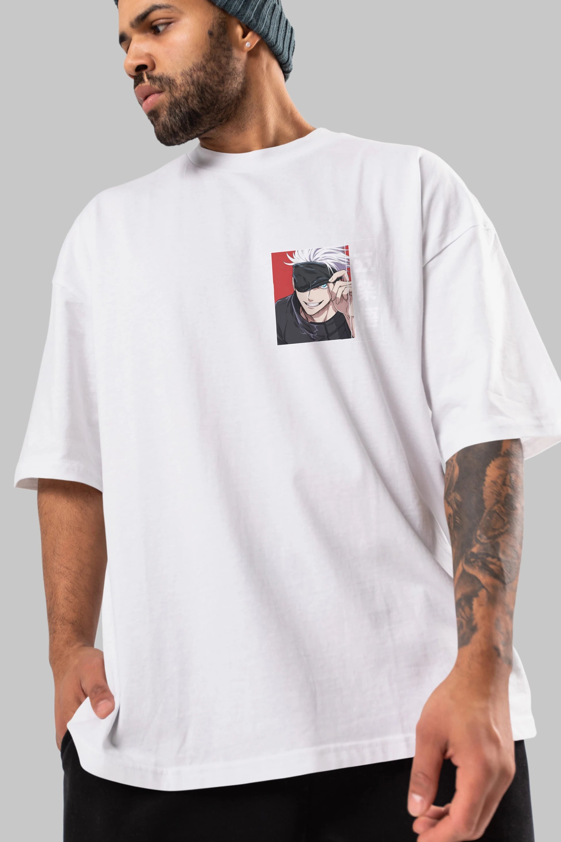 JUJUTSU KAISEN Ön Sol Baskılı Oversize t-shirt Erkek Kadın Unisex %100 Pamuk Bisiklet Yaka tişort