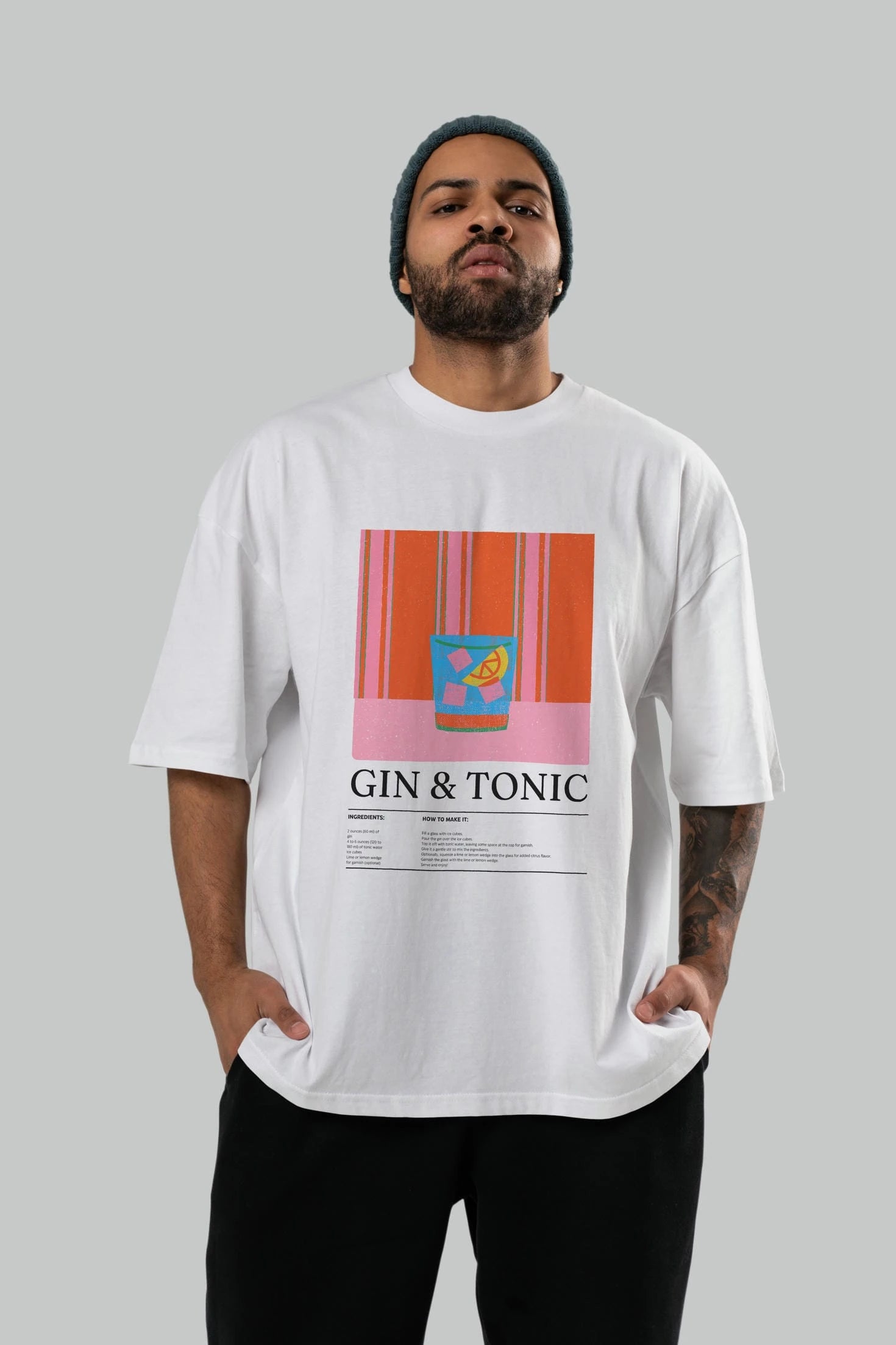 Gin tonic Kokteyl Ön Baskılı Oversize t-shirt Erkek Kadın %100 Pamuk Bisiklet Yaka tişort