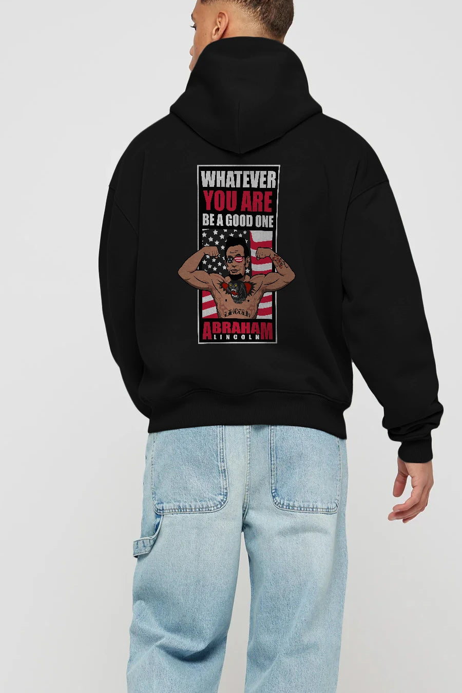 Lincoln Fighter Arka Baskılı Hoodie Oversize Kapüşonlu Sweatshirt Erkek Kadın Unisex