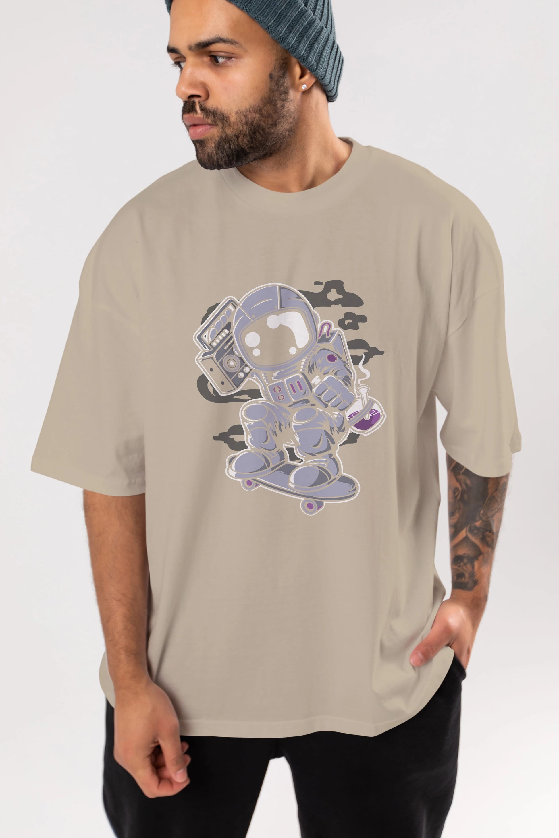 Astroanut Skater Boombox Ön Baskılı Oversize t-shirt Erkek Kadın Unisex