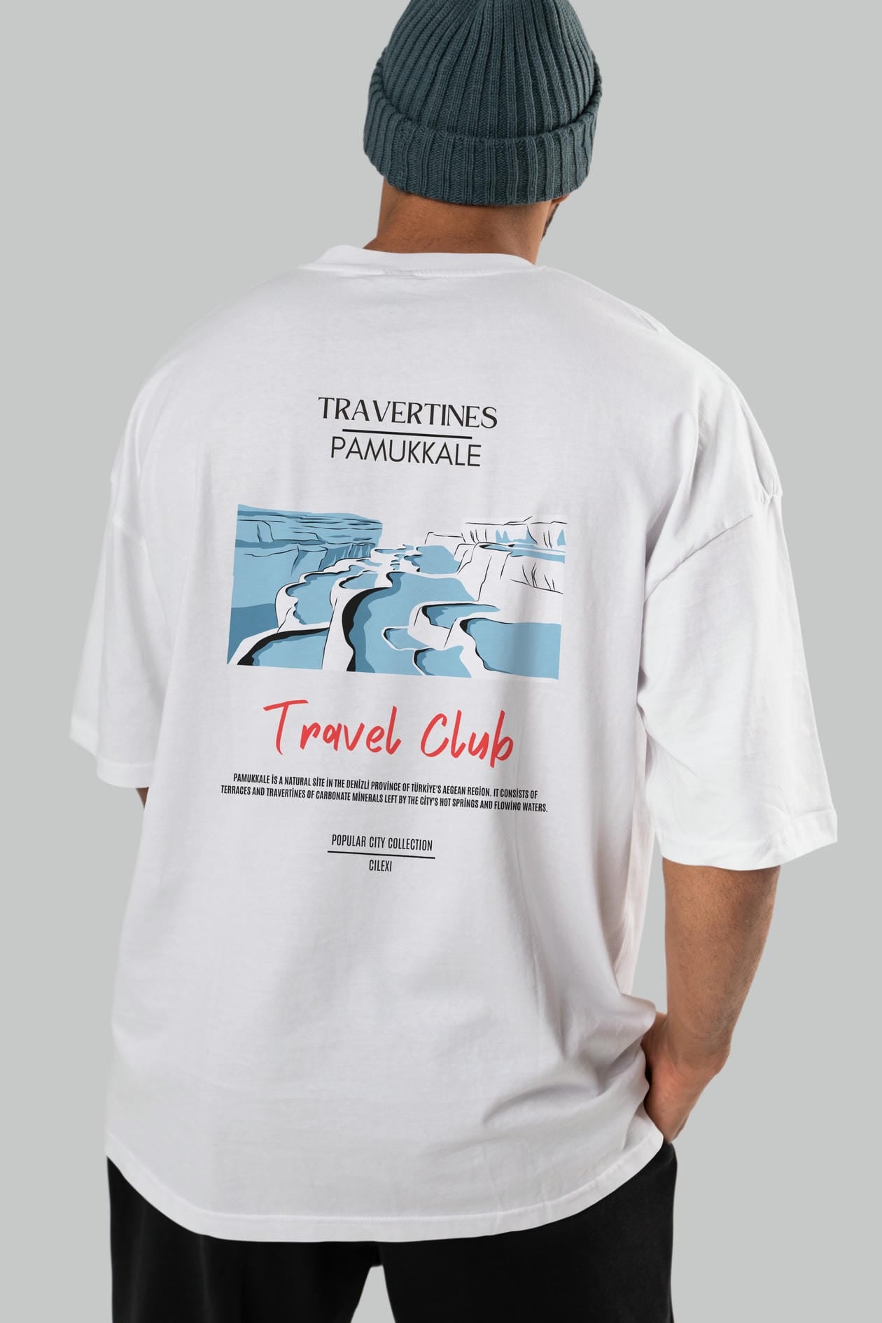 Travertines Pamukkale Arka Baskılı Oversize t-shirt Erkek Kadın Pamuk Bisiklet Yaka tişort