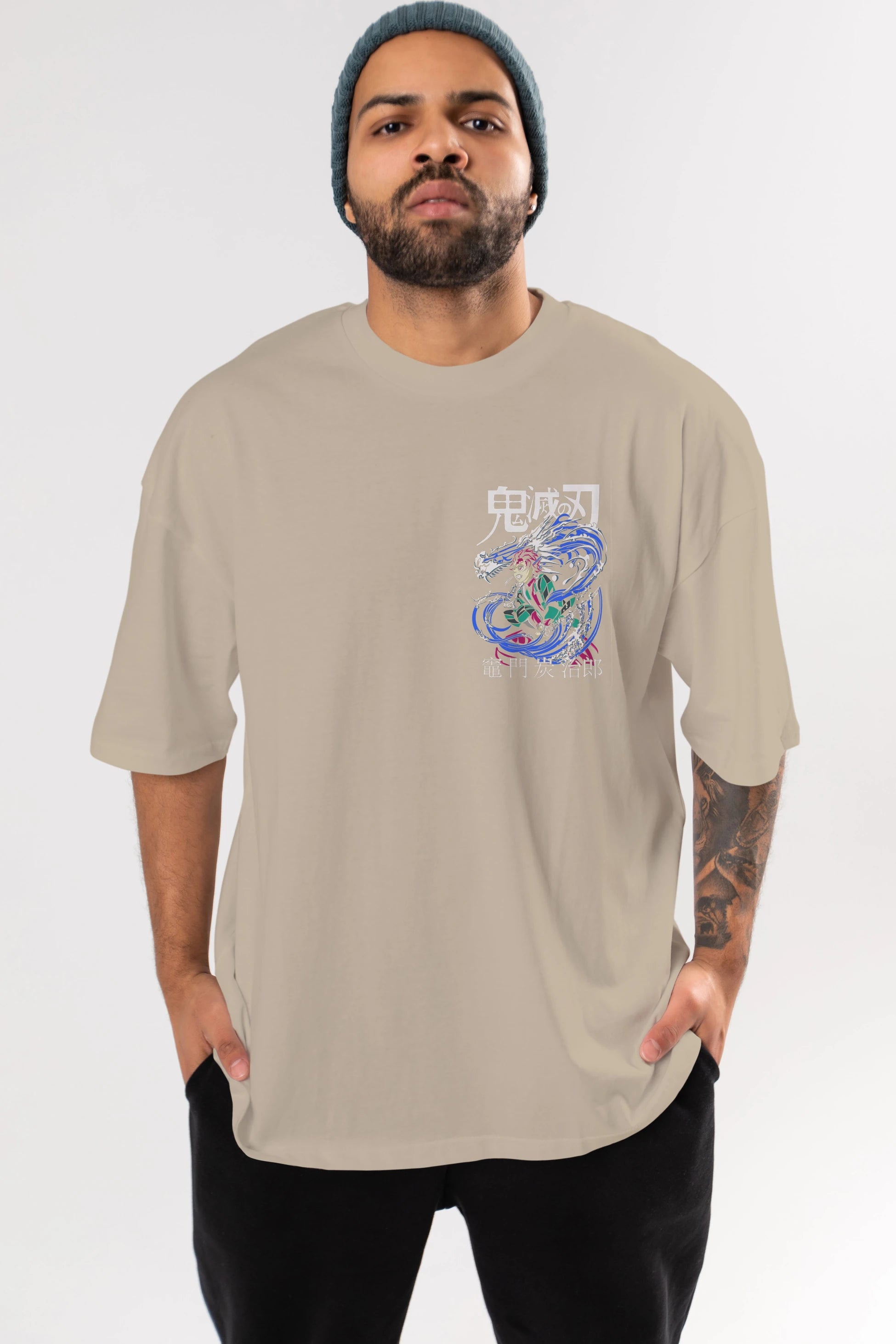 TANJIRO KAMADO 2 Ön Sol Baskılı Oversize t-shirt Erkek Kadın Unisex %100 Pamuk Bisiklet Yaka tişort