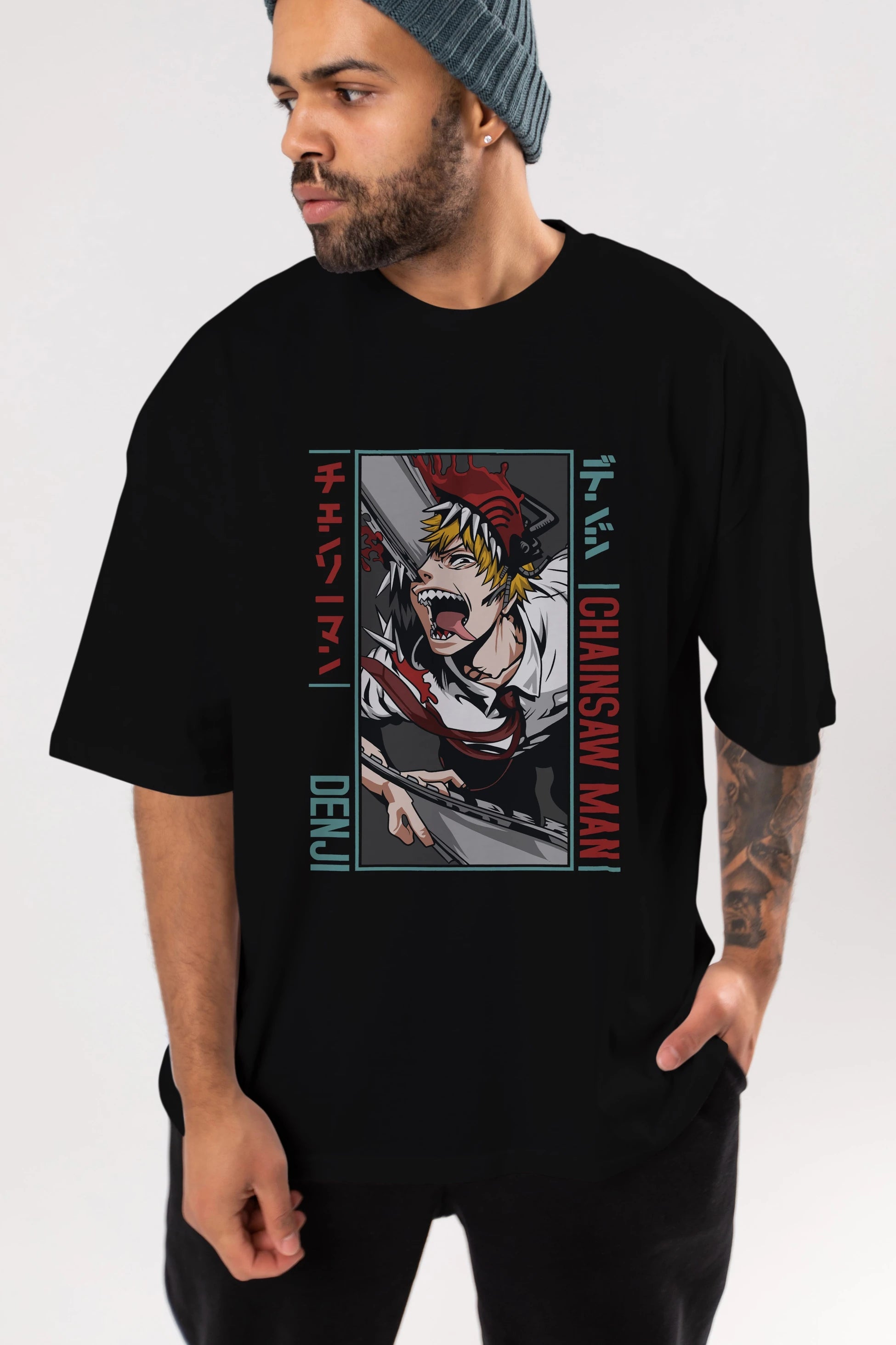 Denji Chainsaw Man Anime Ön Baskılı Oversize t-shirt %100 pamuk Erkek Kadın Unisex