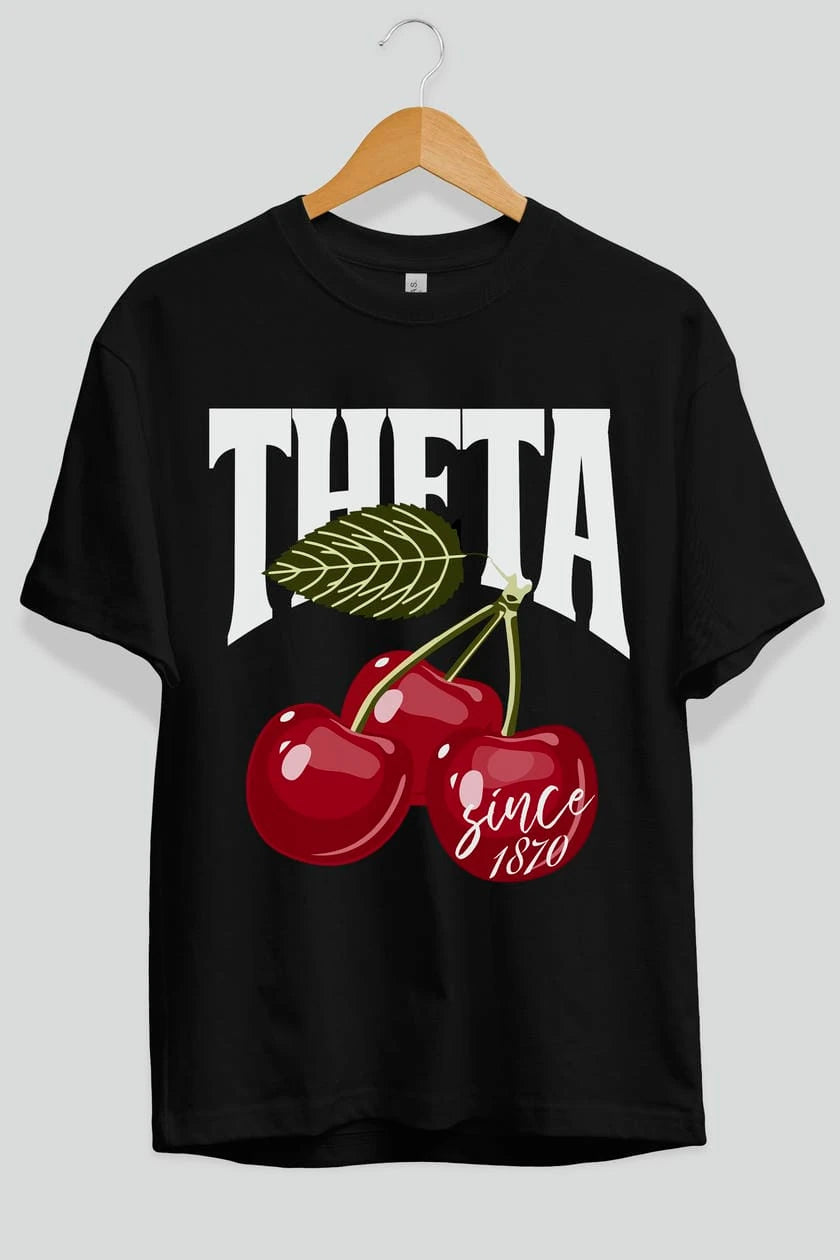 Theta Cherry Cherries Ön Baskılı Oversize t-shirt Erkek Kadın Pamuk Bisiklet Yaka tişort