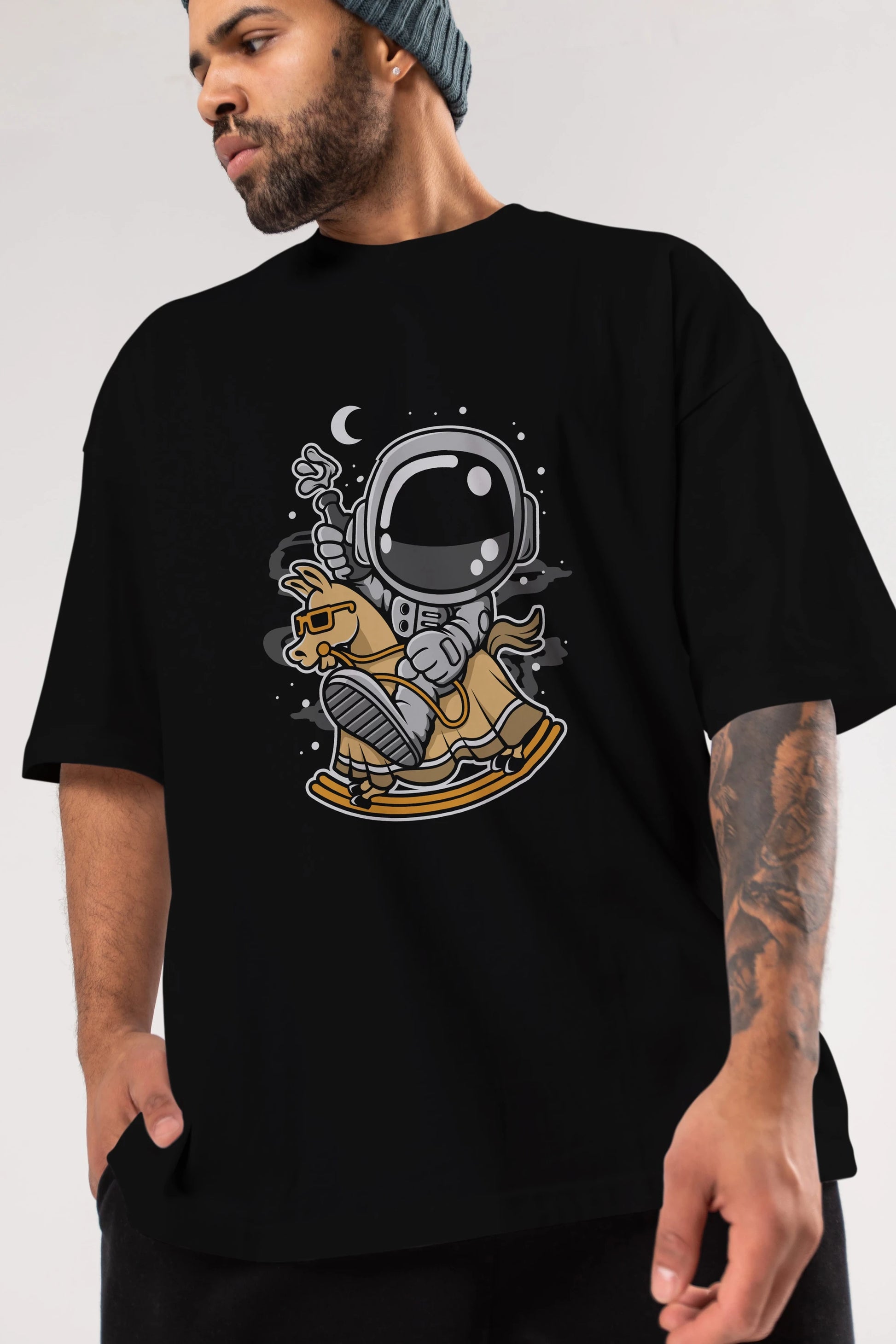 Astronaut RidingToy Horse Ön Baskılı Oversize t-shirt Erkek Kadın Unisex